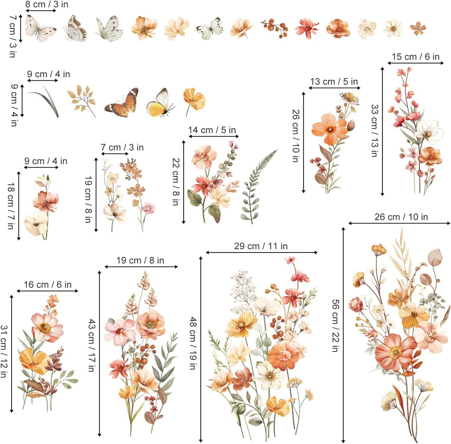 Boho Flower Wall Decals Garden Floral Butterflies Wall Stickers Girls Bedroom Living / Wildflower