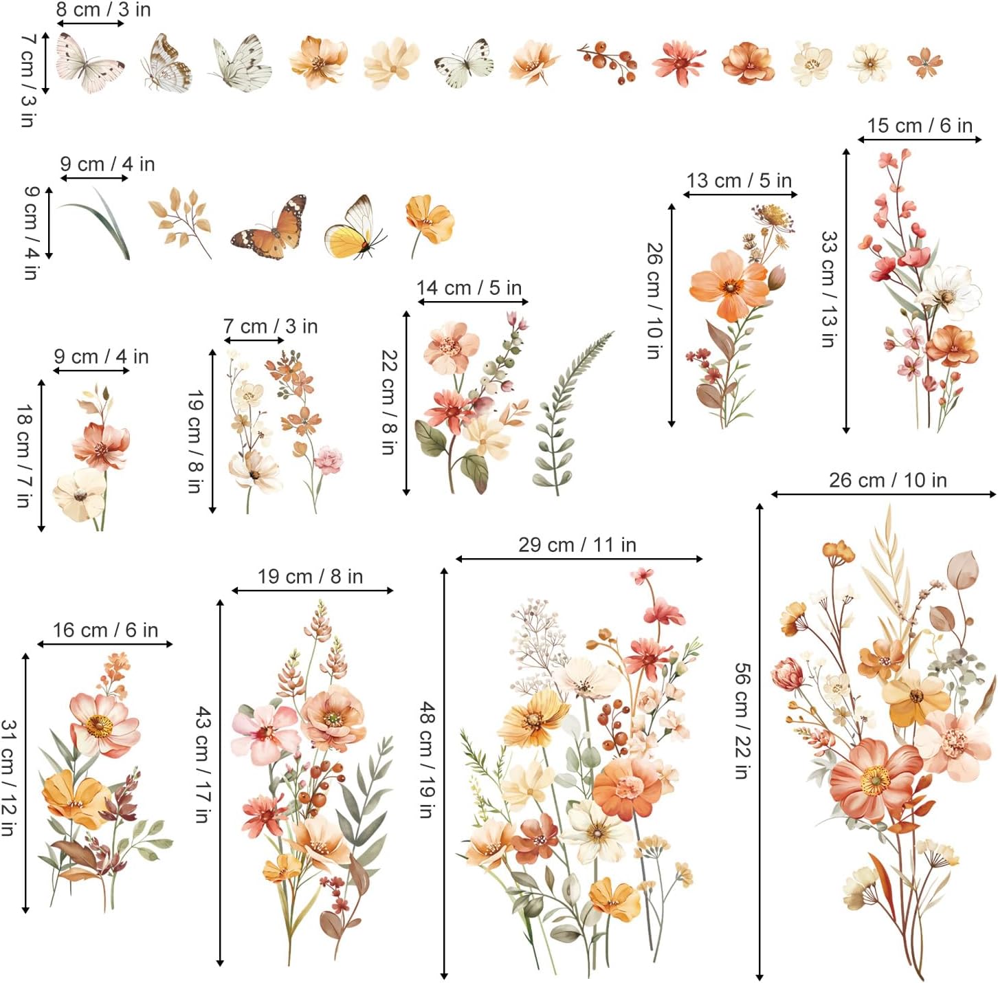 Boho Flower Wall Decals Garden Floral Butterflies Wall Stickers Girls Bedroom Living / Wildflower