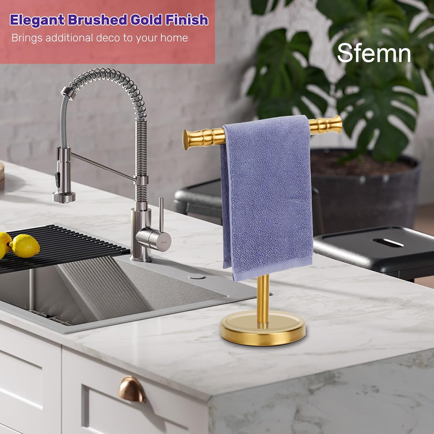 Gold Hand Towel Holder Stand for Bathroom Vanity Countertop SUS304 Stainless Steel T-Shape Free Standing Towel Rack