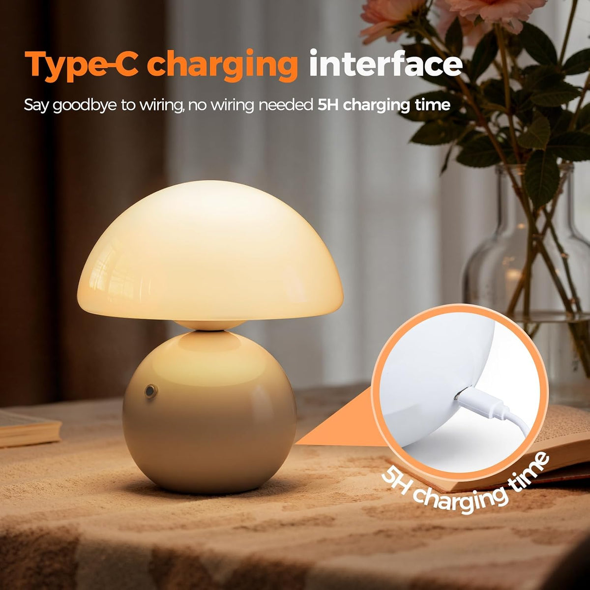 Wireless Mushroom Lamp,Table Lamp for Bedroom, Portables Cordless Lamps,Wireless lamp,Small Bedside Table Touch Lamps