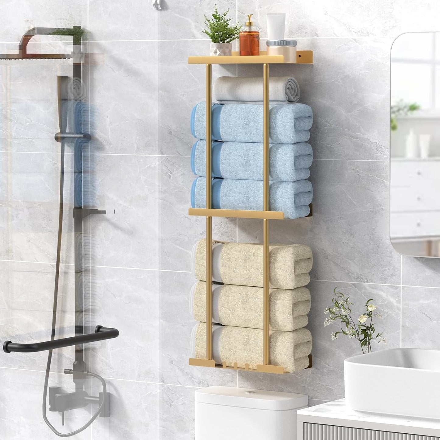 Liuoud Towel Rack for Bathroom, Wall Mounted Vertical Rolled Towel Storage Organizer Holder with Shelf, Holds Up 6