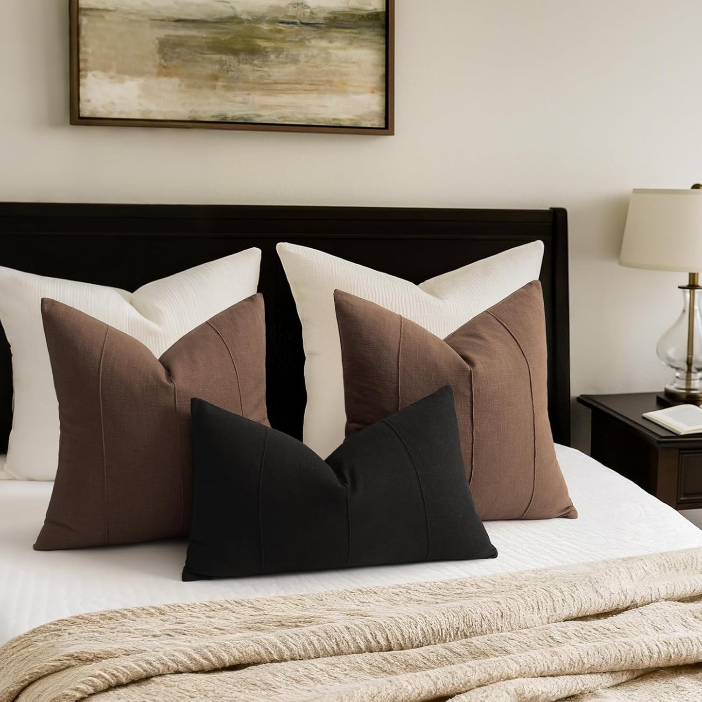 Decorative Linen Throw Pillow Covers Solid Handcrafted Striped Cushion / Brown / 18 x 18 / Set of 2