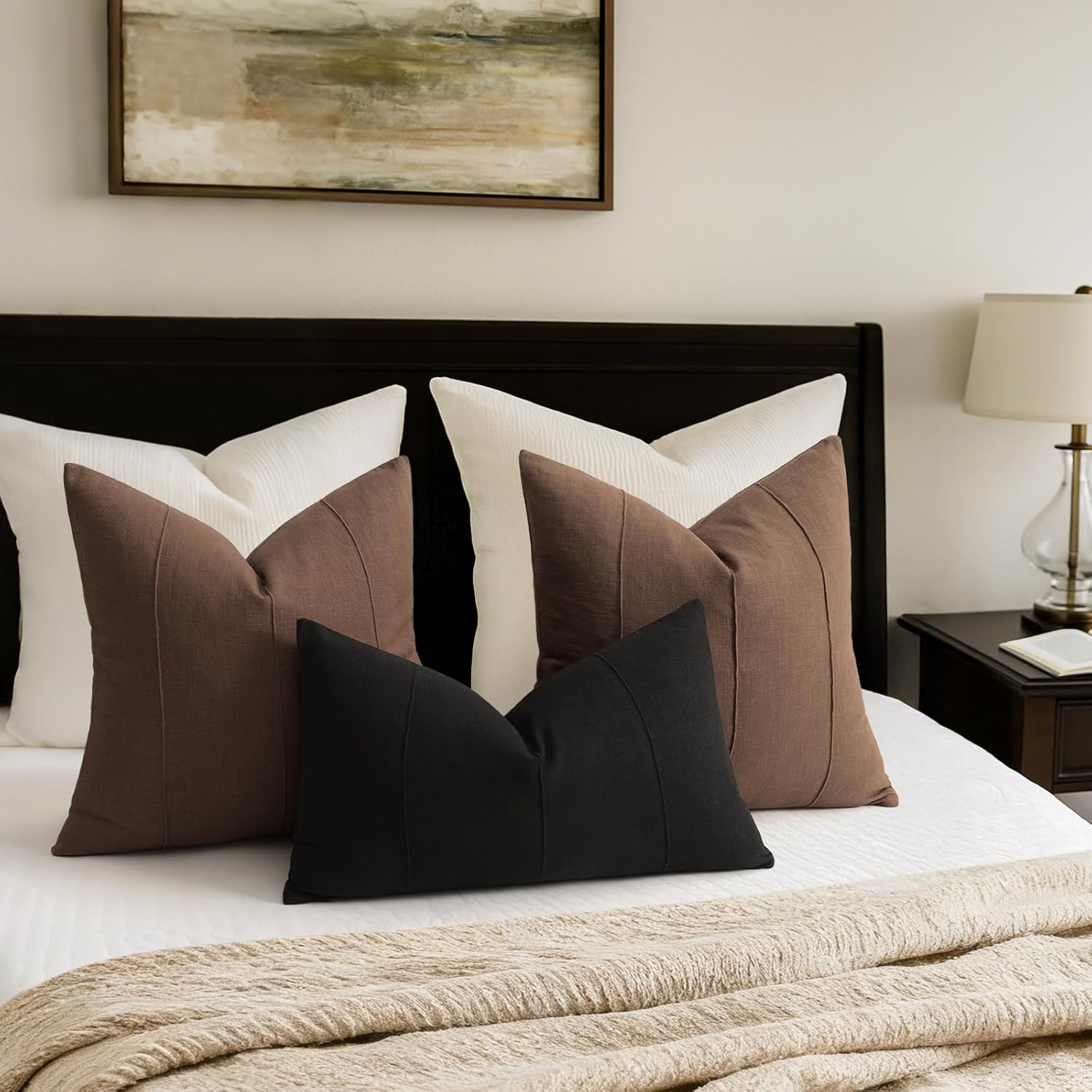 Decorative Linen Throw Pillow Covers Solid Handcrafted Striped Cushion / Brown / 18 x 18 / Set of 2