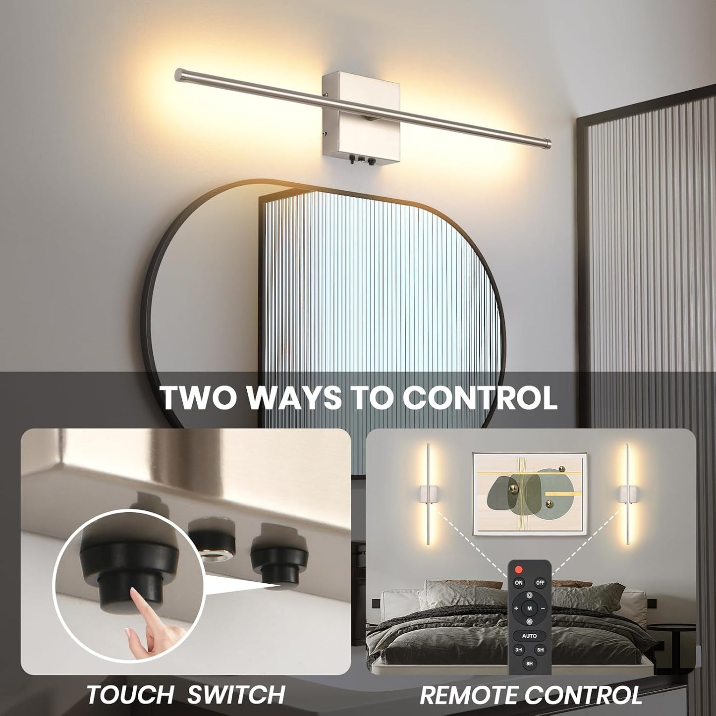 Wireless Battery Operated Wall Sconces, 11000mAh Rechargeable Brushed Nickel Wall Light with Remote Control, 350°Rotate