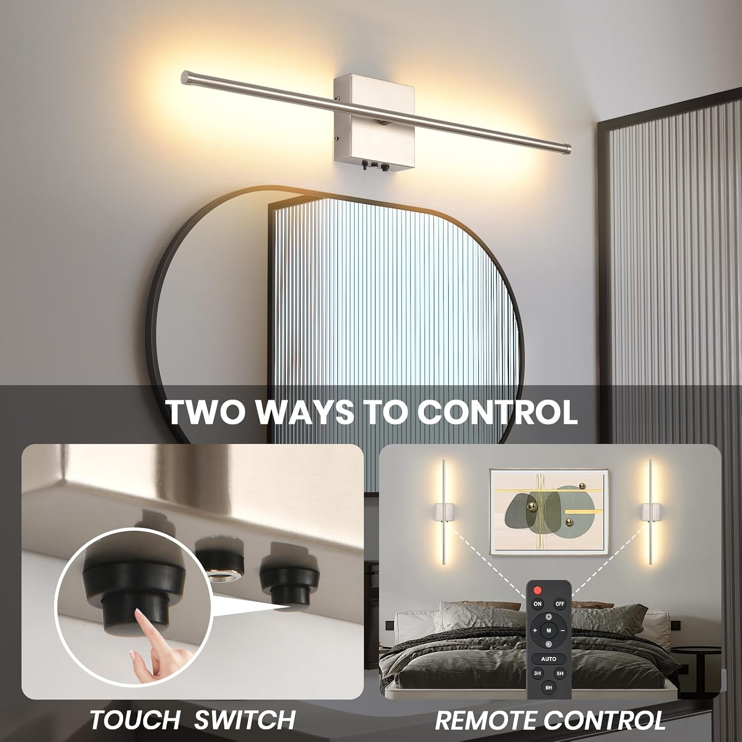 Wireless Battery Operated Wall Sconces, 11000mAh Rechargeable Brushed Nickel Wall Light with Remote Control, 350°Rotate
