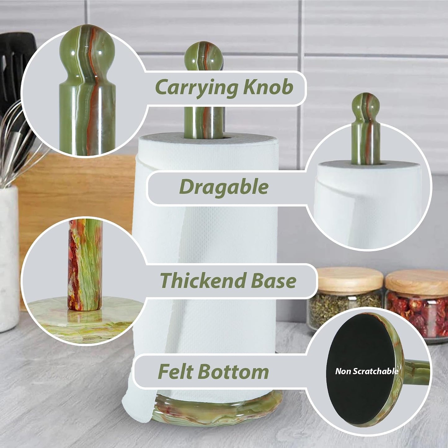 Handmade Green Onyx Paper Towel Holder – Unique Natural Stone Stand for Kitchen or Bathroom – Translucent Green Marble