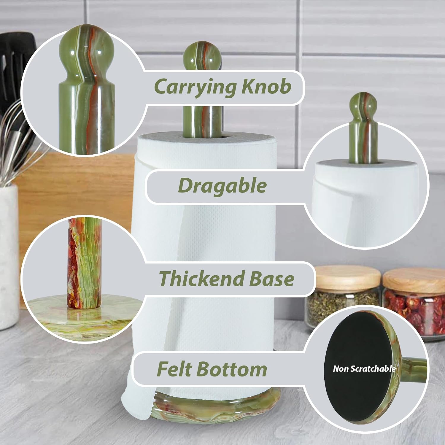 Handmade Green Onyx Paper Towel Holder – Unique Natural Stone Stand for Kitchen or Bathroom – Translucent Green Marble
