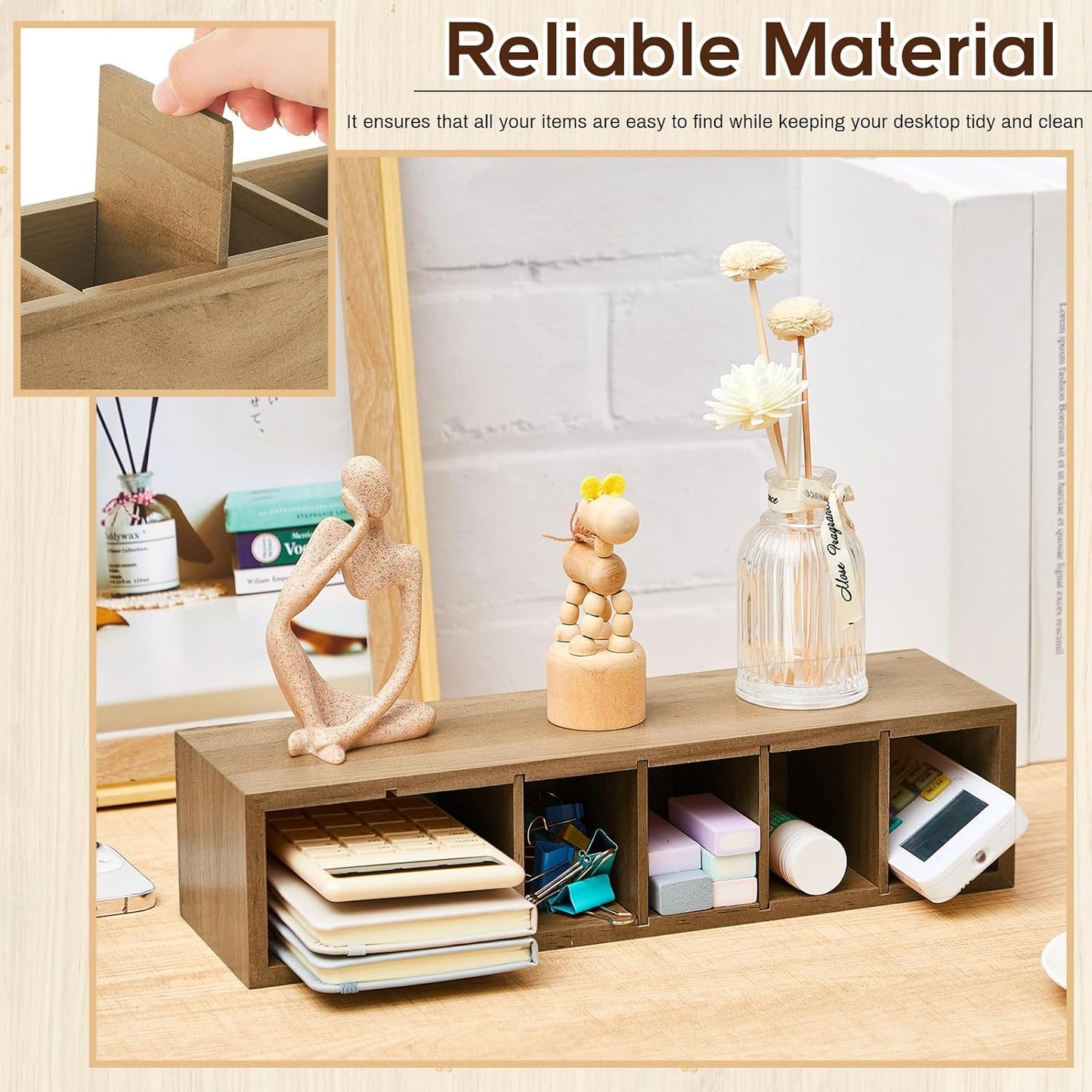 Jetec Wooden Pencil Pen Holder for Desk 6 Compartments Cosmetic Makeup Brush Stationery Office Desktop Organizers for