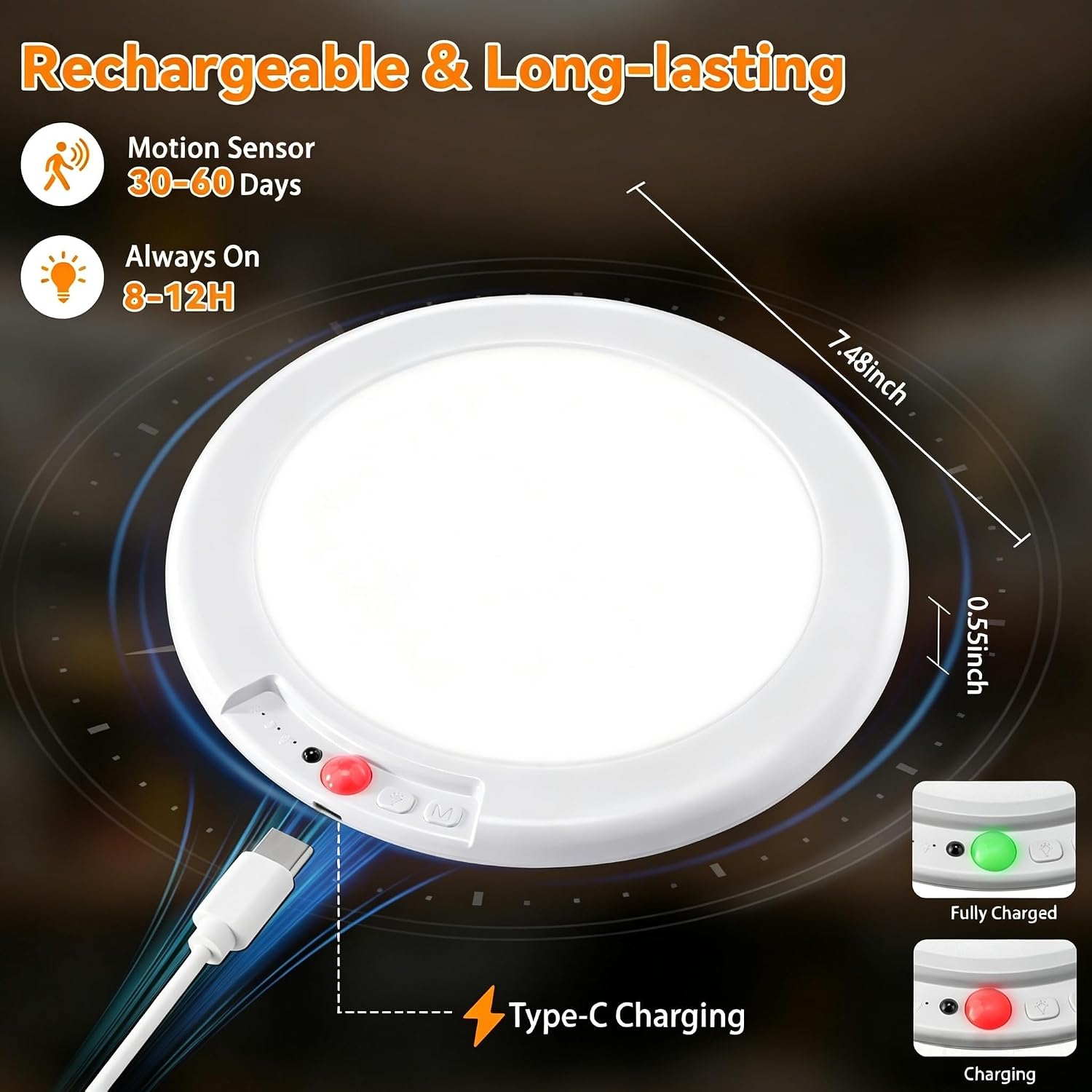 KYEKIO 2Pack Rechargeable LED Ceiling Light/Shower Light with Remote | Motion Sensor, Wireless Magnetic Easy-Install, 3