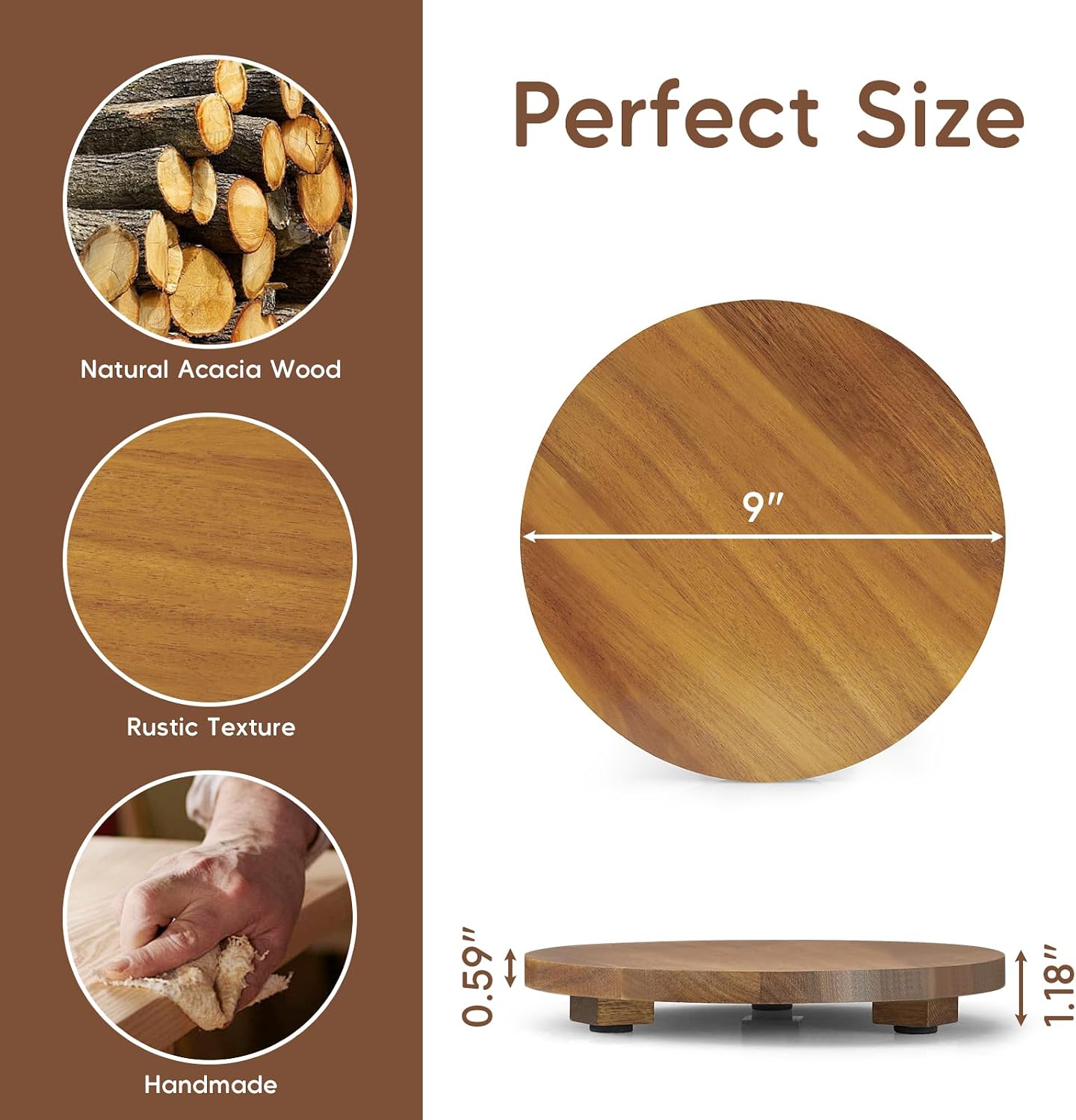 Small Round Decorative Tray Wood Bathroom Counter Organizer Pedestal Stand / Acacia / Set of 9
