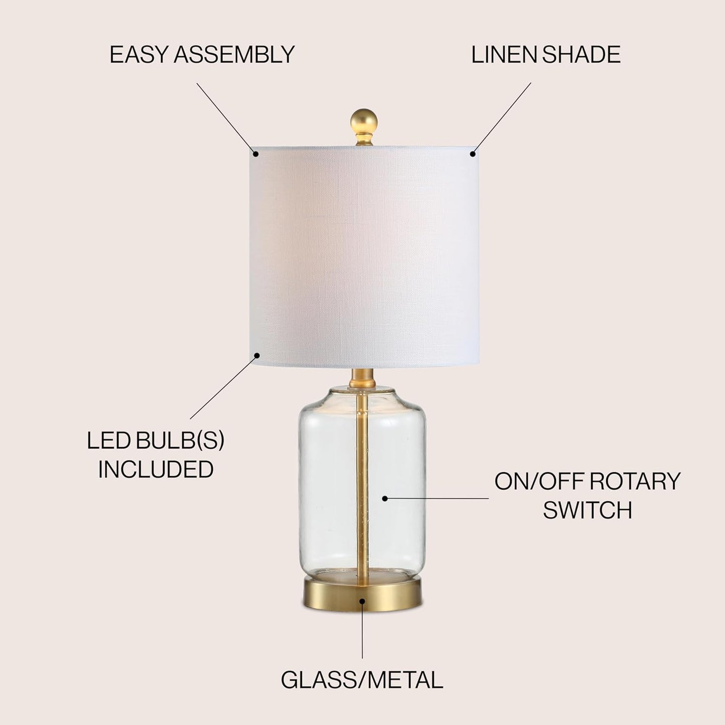 JONATHAN Y Duncan Table Lamp 19.5" Glass and Metal, Brass Gold and Clear | White Linen Drum Shade, Glam Transitional
