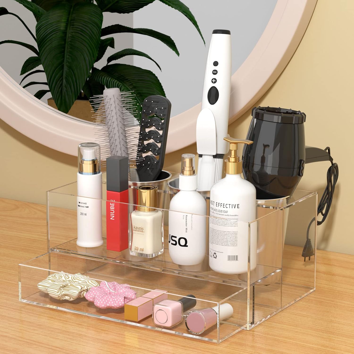 NIUBEE Acrylic Hair Tool Organizer with Drawer, Hair Dryer Holder Organizer | Clear, Hot Tools Organizer Countertop