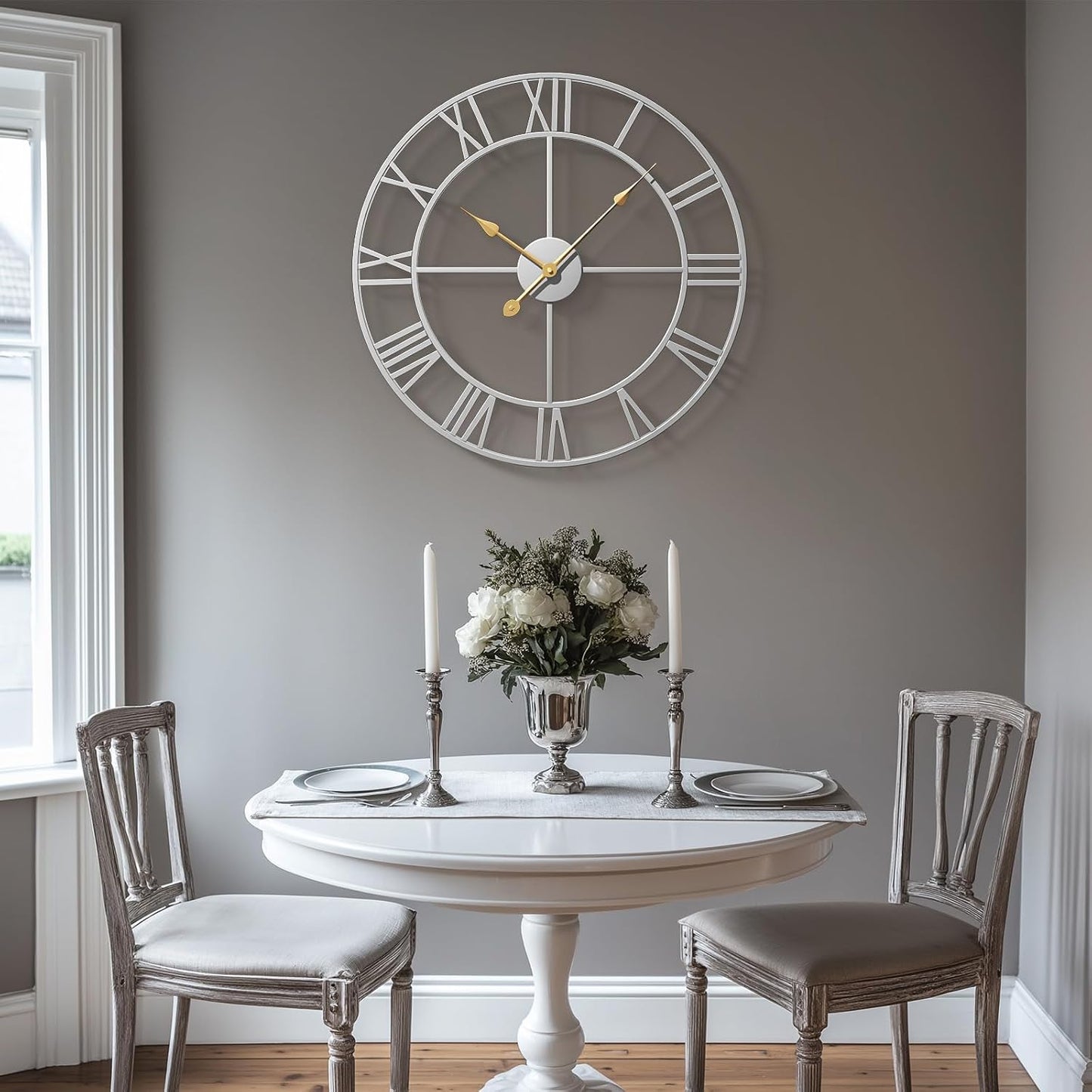 Cuspin 24 Inch Wall Clock Large Silver Decorative Modern Metal Clocks | Battery operated, Silent non ticking, Roman