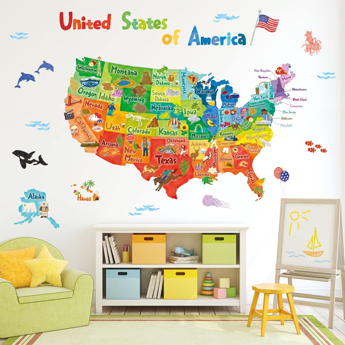 SG2-2307 Colourful USA Wall Stickers Decals Peel and Stick Removable for Kids Nursery Bedroom Living