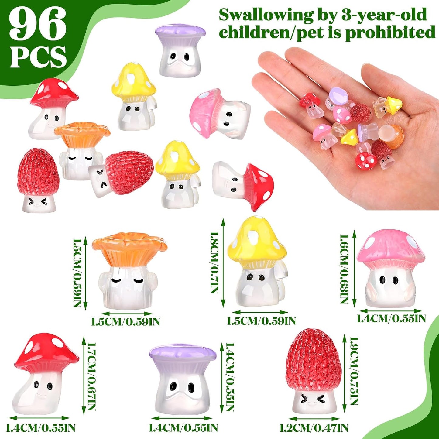 96 Luminous Glow in The Dark Mini Mushrooms Bulk Tiny Resin Mushroom Figurines Miniature / Classic