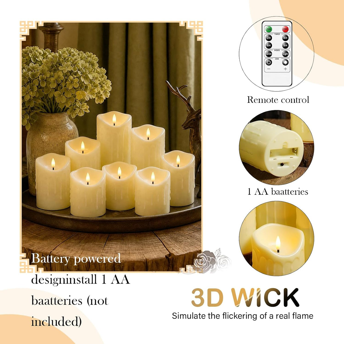 9 Pcs Flickering Flameless LED Pillar Candles, (D 3" x H 3" 4" 5" 6" 7") Battery Operated with Remote Plastic Wax Drip