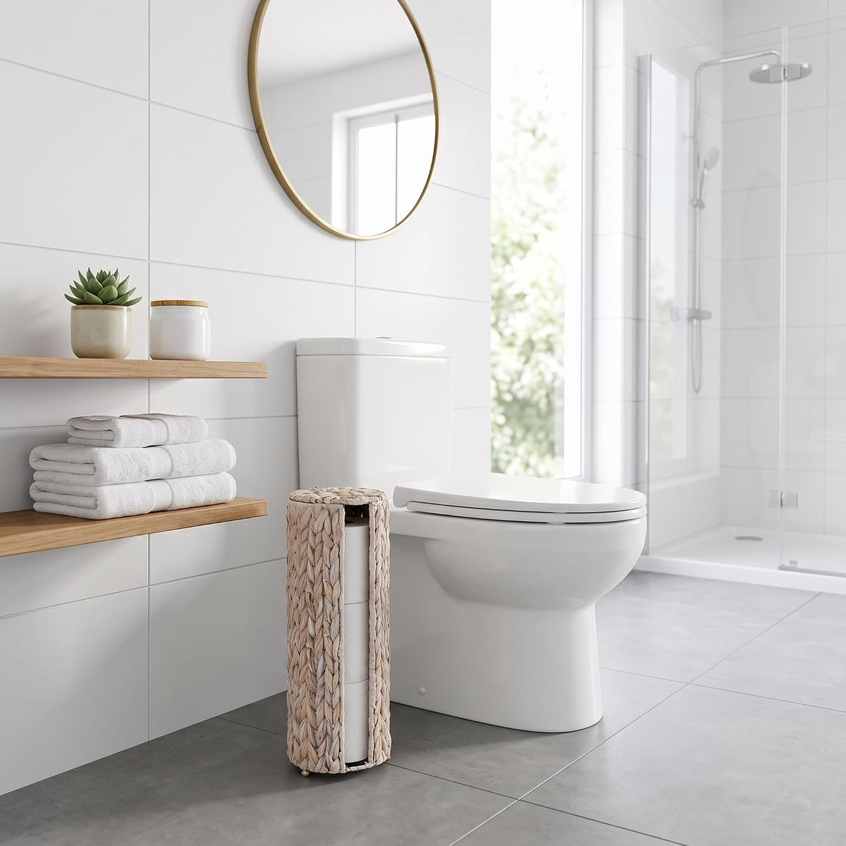 PINXIURY Water Hyacinth Paper Roll Holder, Wicker Toilet Paper Holder Stand for Bathroom, Toilet Roll Holder Stand for
