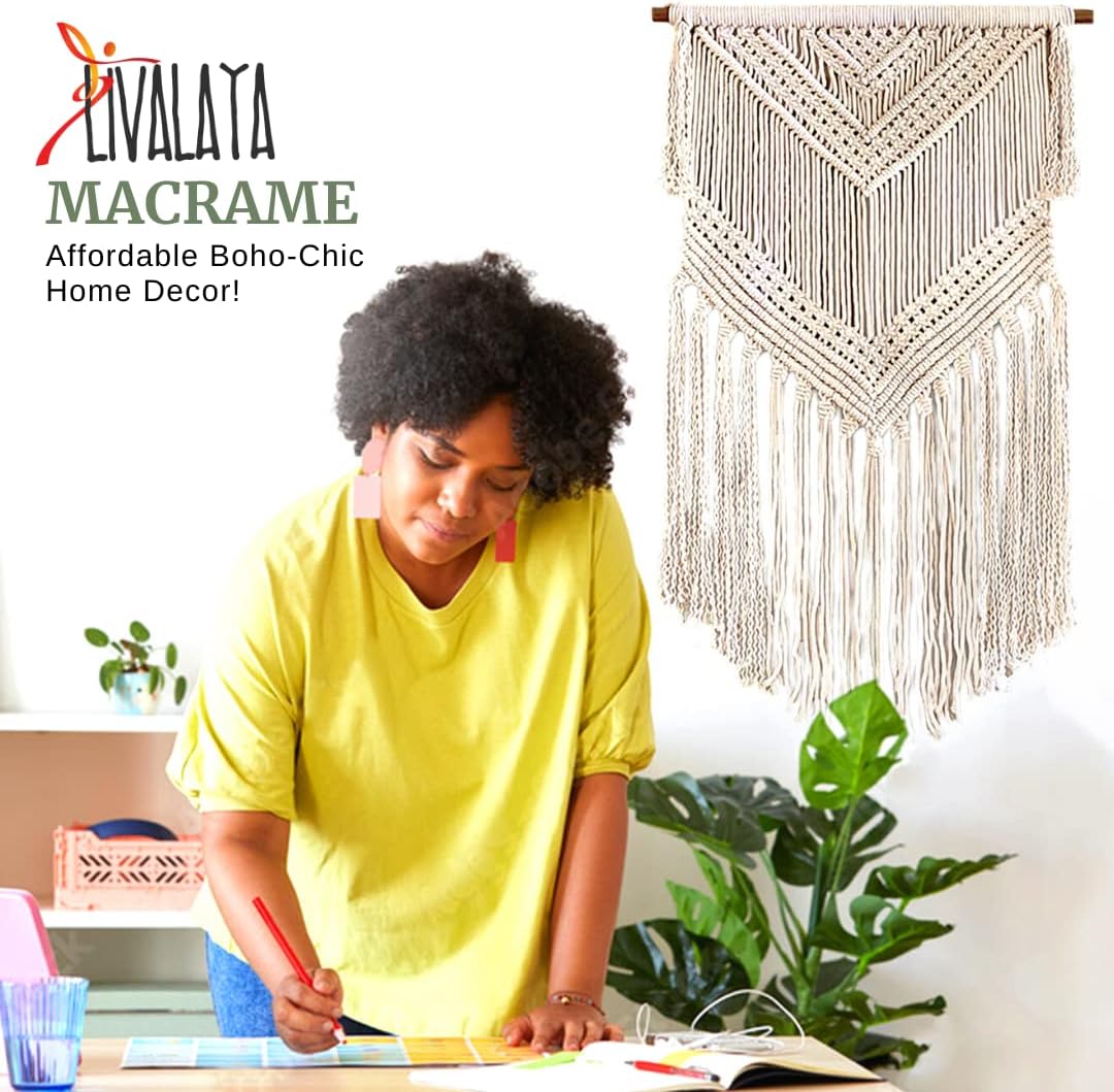 Boho Macrame Woven Wall Hanging in Modern Bohemian Tapestry wall Art Decor / Beige / 16 x 36