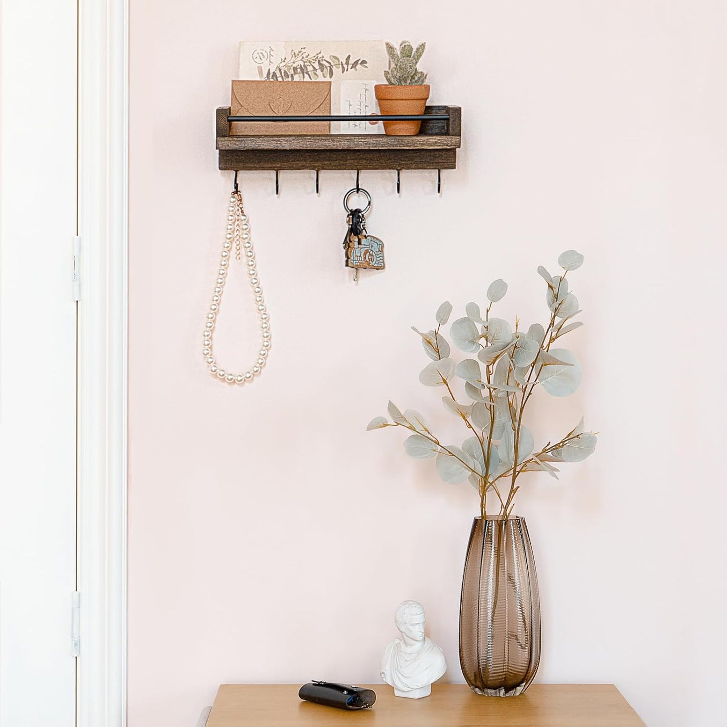 Key Holder / 6 Hooks Decorative Display Keys Hanger / Small / Brown / 9.5 x 3.5 x 2.5