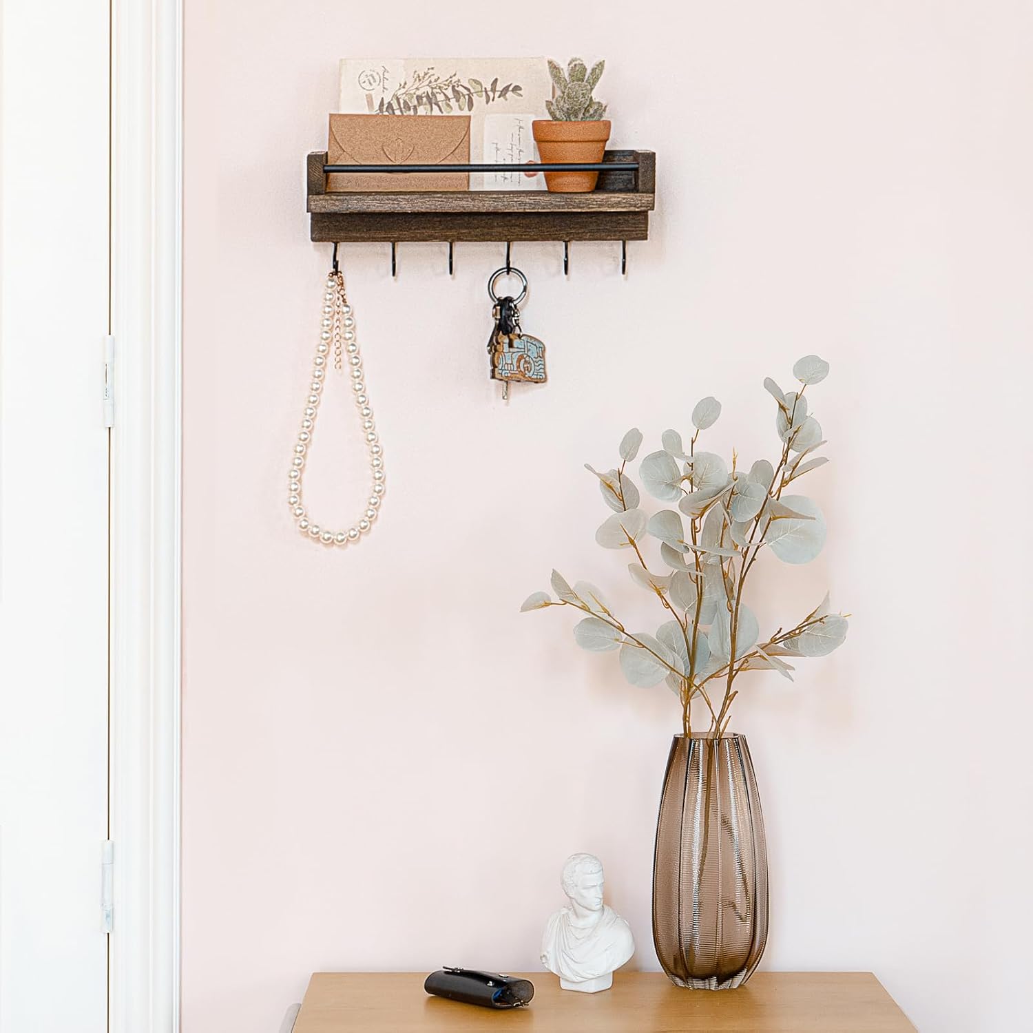 Key Holder / 6 Hooks Decorative Display Keys Hanger / Small / Brown / 9.5 x 3.5 x 2.5