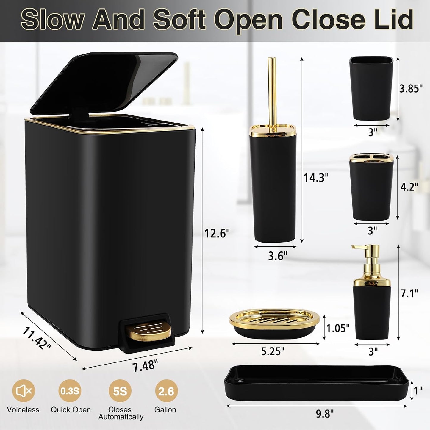 XLHOMO Black Bathroom Accessories 8 Piece Black and Gold Bathroom Set, Bathroom Accessories with Stainless Steel