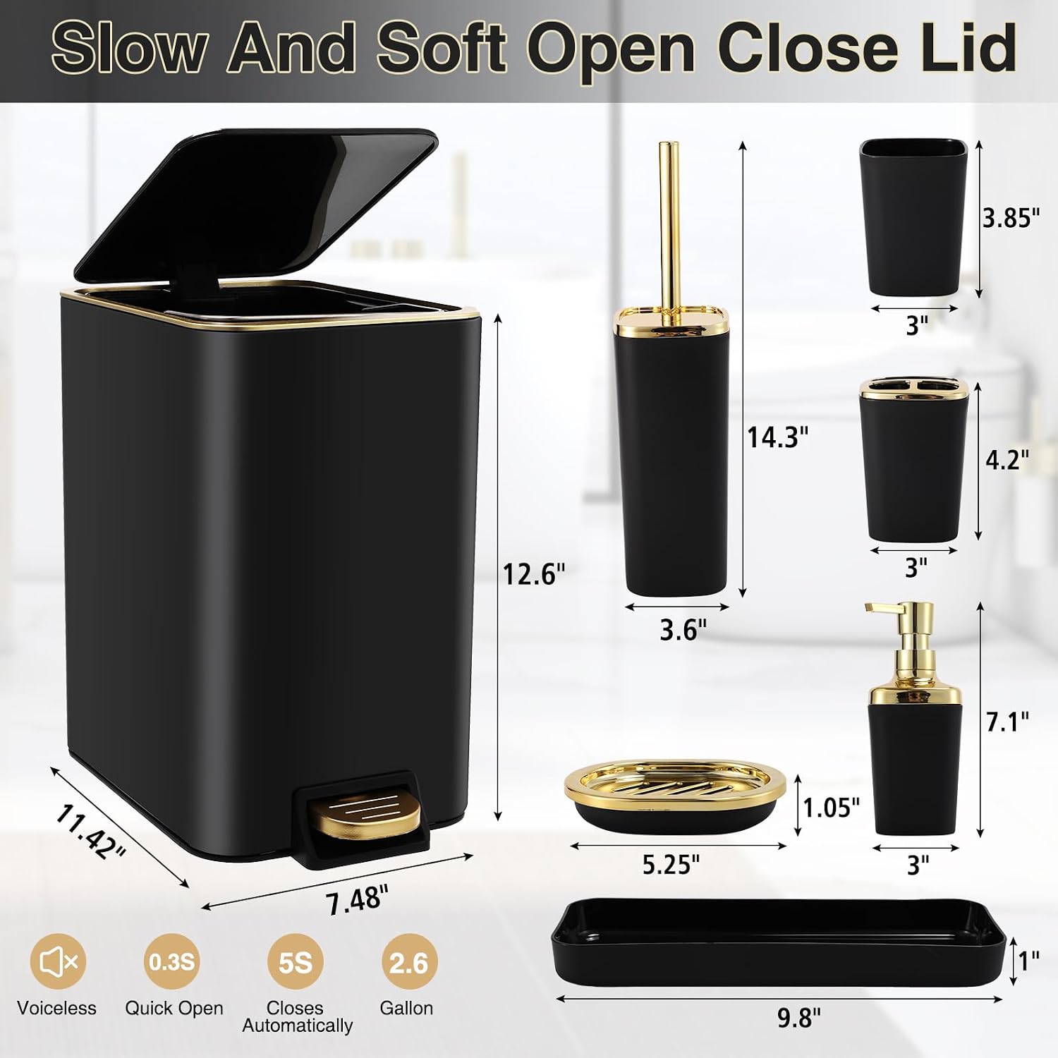 XLHOMO Black Bathroom Accessories 8 Piece Black and Gold Bathroom Set, Bathroom Accessories with Stainless Steel