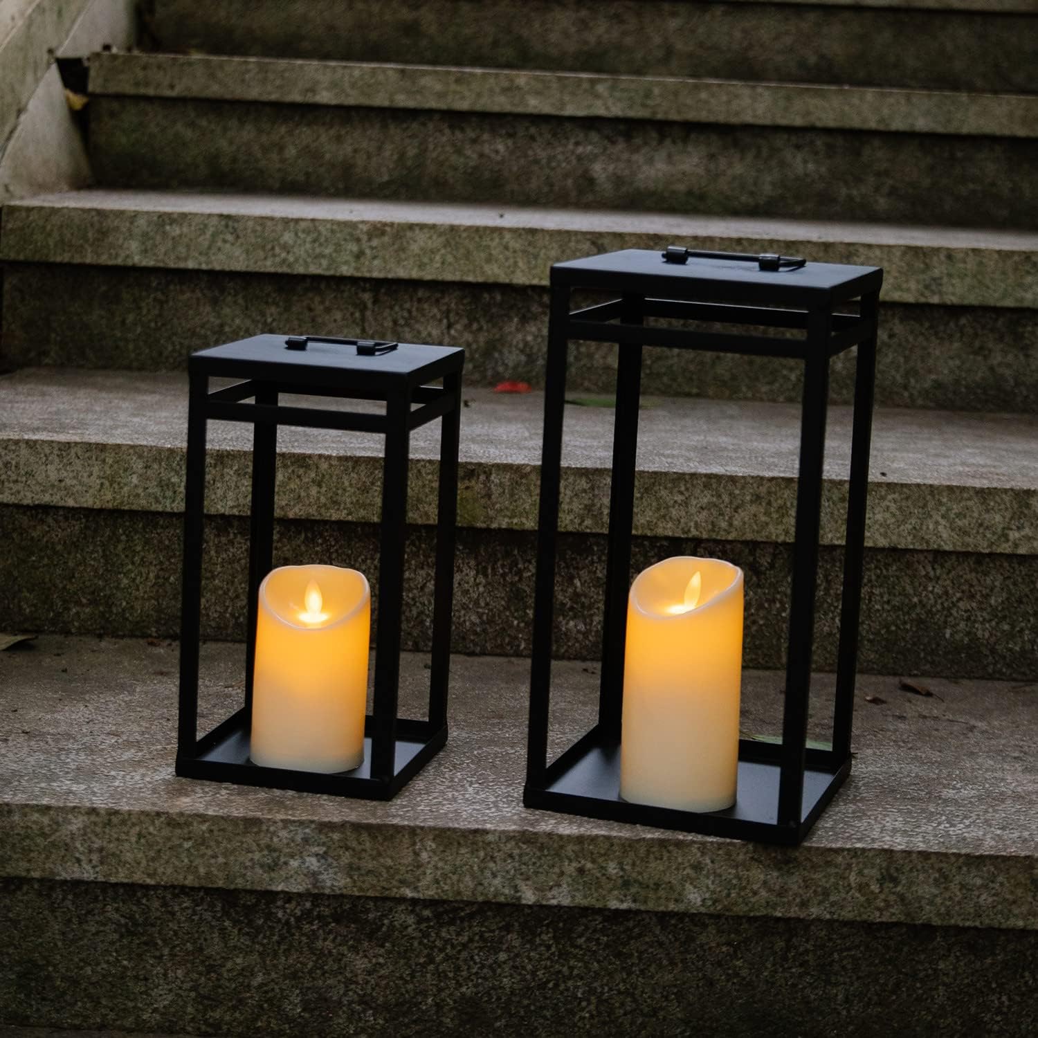 HPC Decor Black Metal Candle Lanterns Set of 2- Lanterns Decorative w/ LED Timer Candles- 15.8'' & 12.6'' Chunky Modern