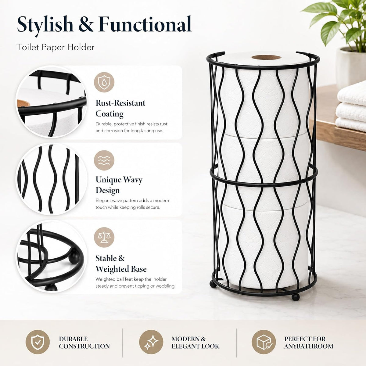 Modern Metal Freestanding Toilet Paper Roll Holder Stand and Dispenser with Storage for 3 Rolls of Reserve Toilet
