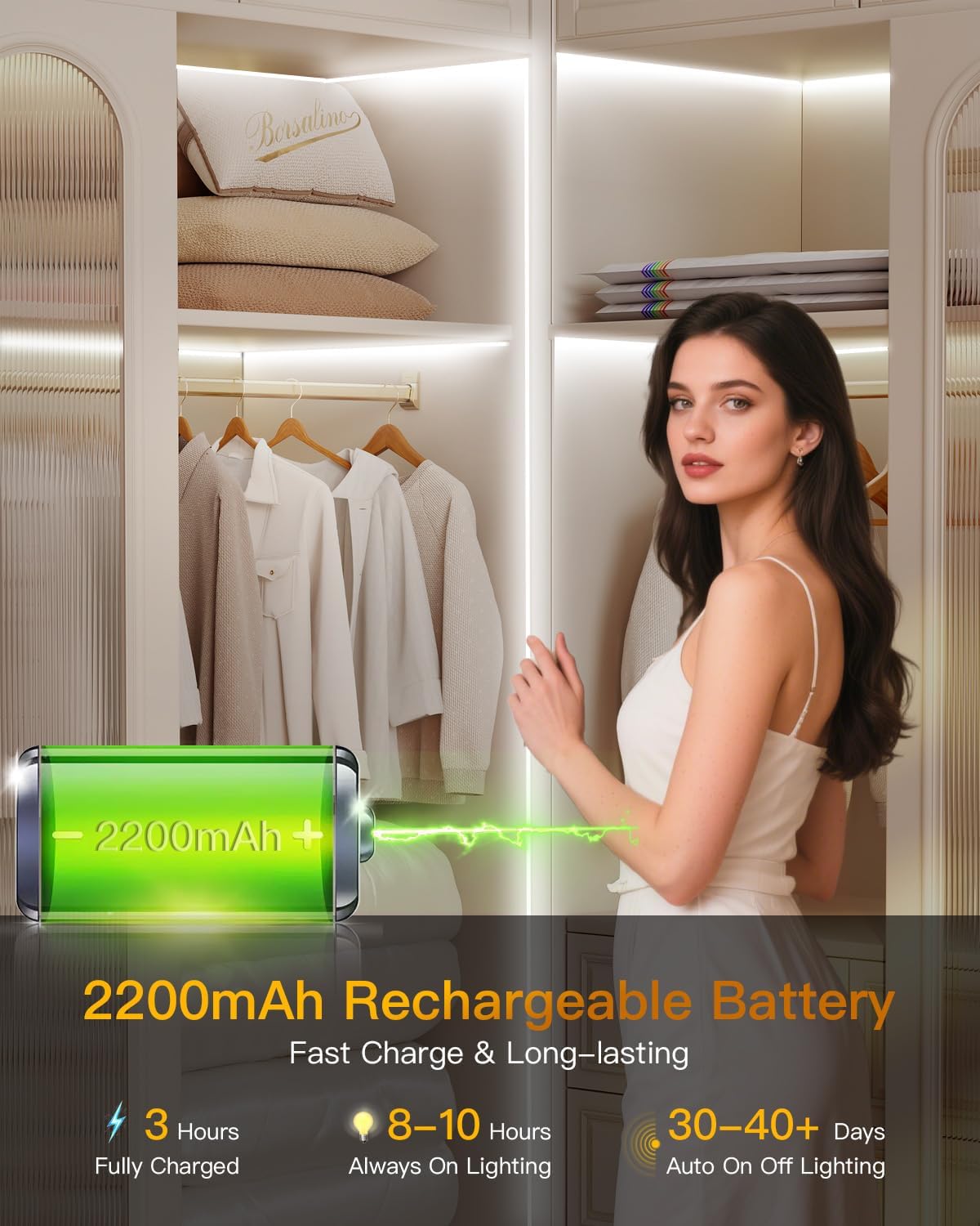 Rechargeable Motion Sensor COB LED Lights Strips, 2 Pack 6.56FT Motion Activated Under Cabinet LED Strip Lights 2200mAh