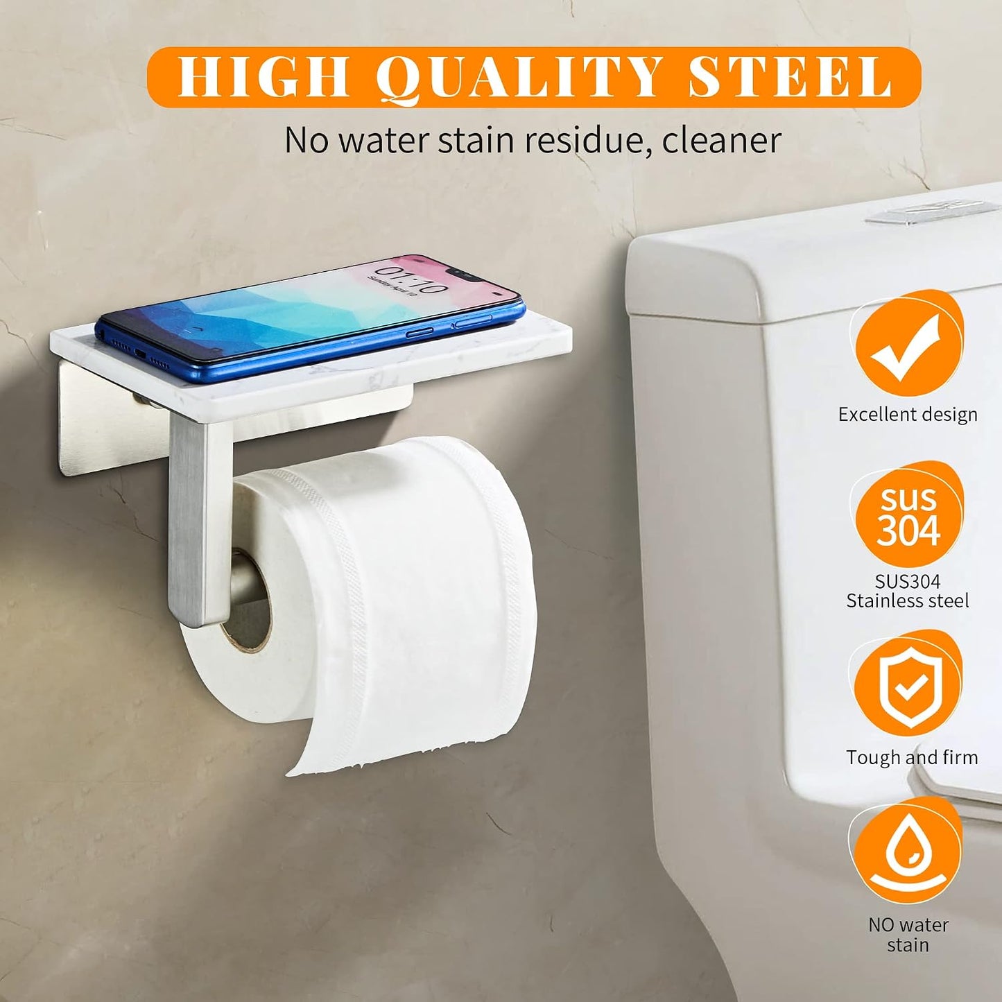 Brushed Nickel Toilet Paper Holder with Marble-Look Shelf, Wall Mounted SUS304 Stainless Steel Toilet Roll Holder with