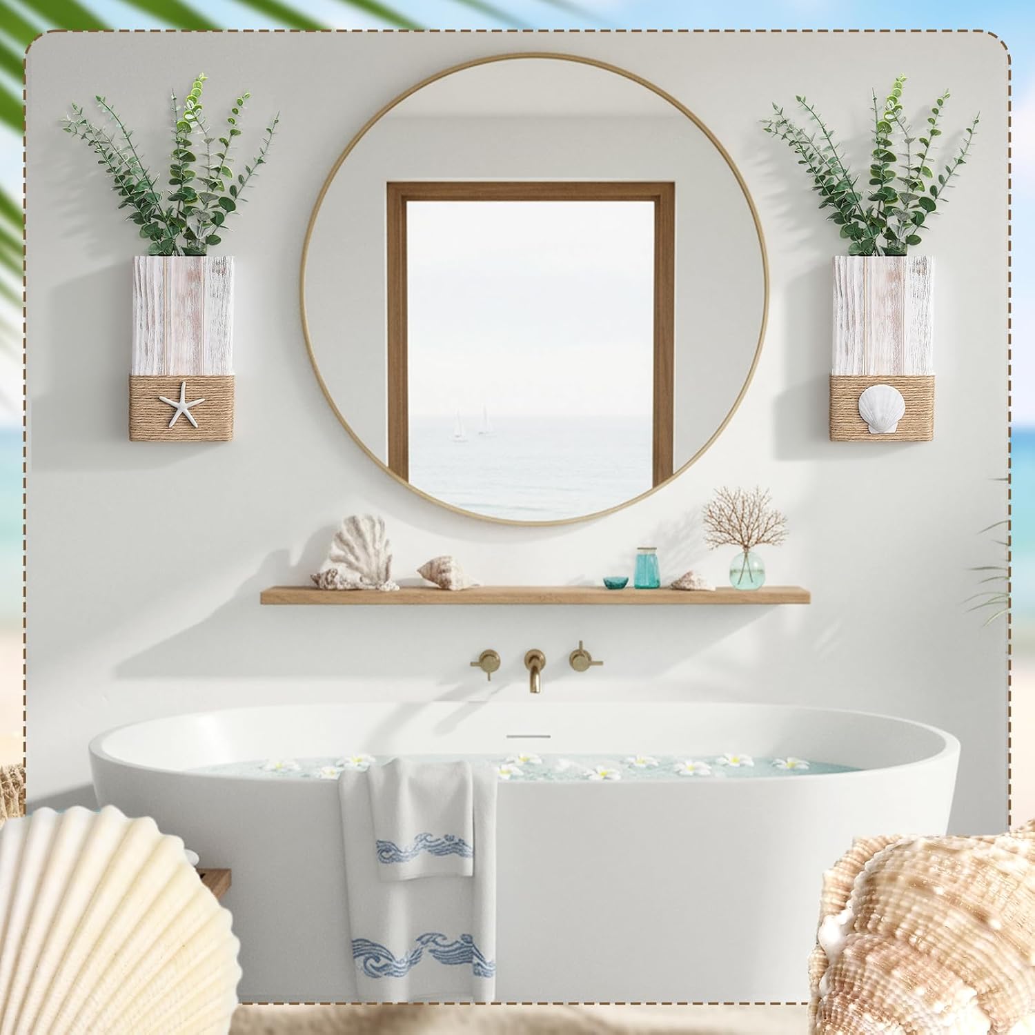 Beach Rustic Wood Wall Planter Vase Beach Room Decor Nautical Coastal / Seashell / White / Set of 2