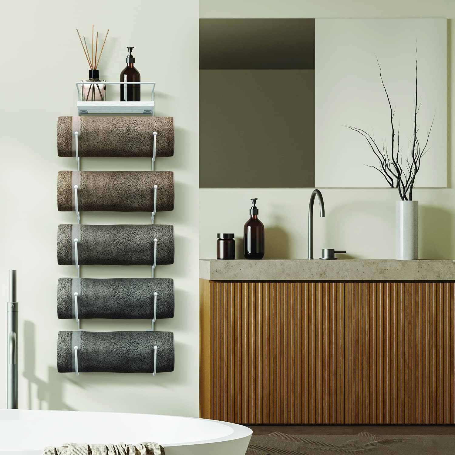 Sorbus Wall Towel Rack, 5-Tier Wood Shelf, Wall Mounted (White) | Five-tier metal holder for rolled bath towels