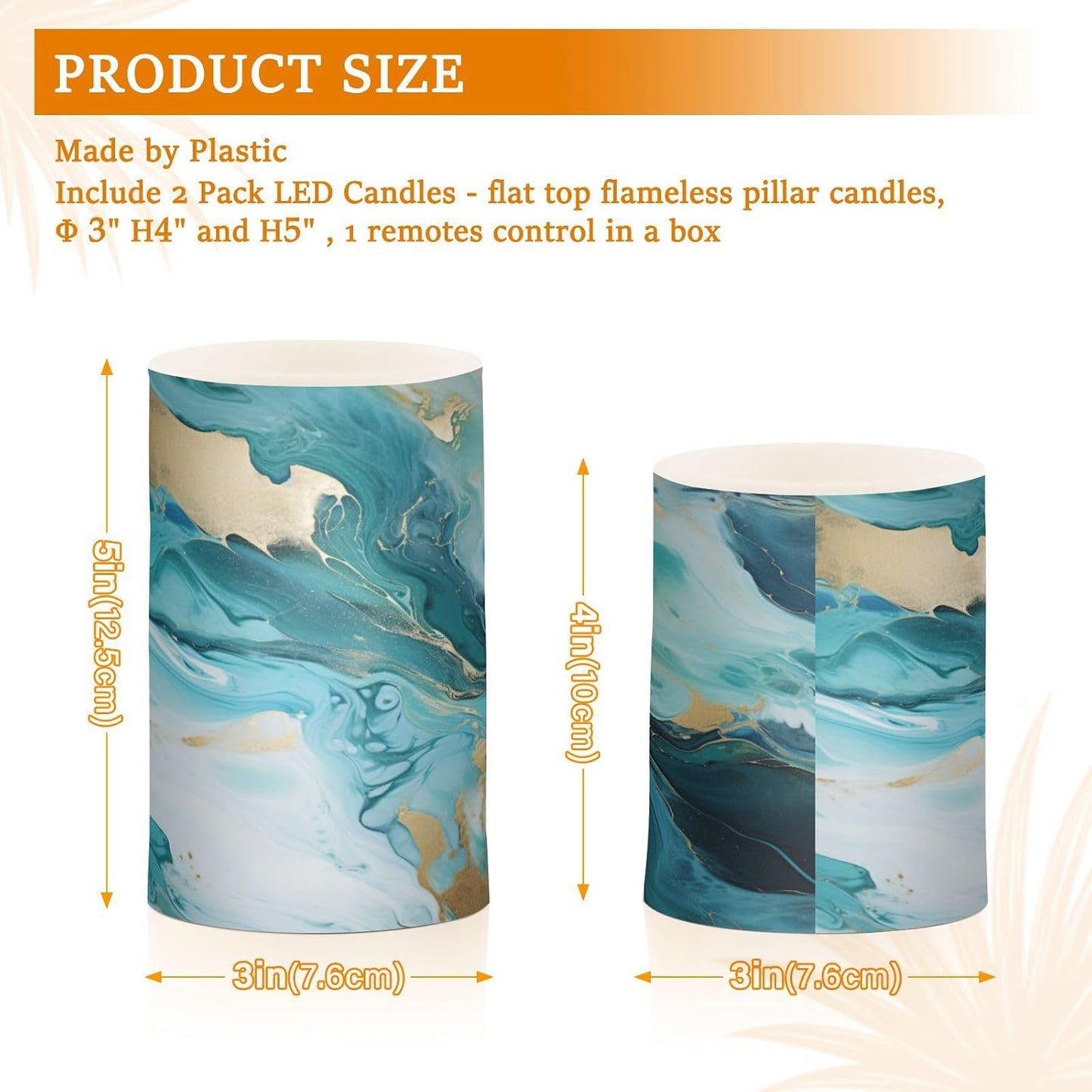 Flickering Flameless Candles, Turquoise Blue Marble Texture LED Candles with Remote Timer, Set of 2 Battery Operated
