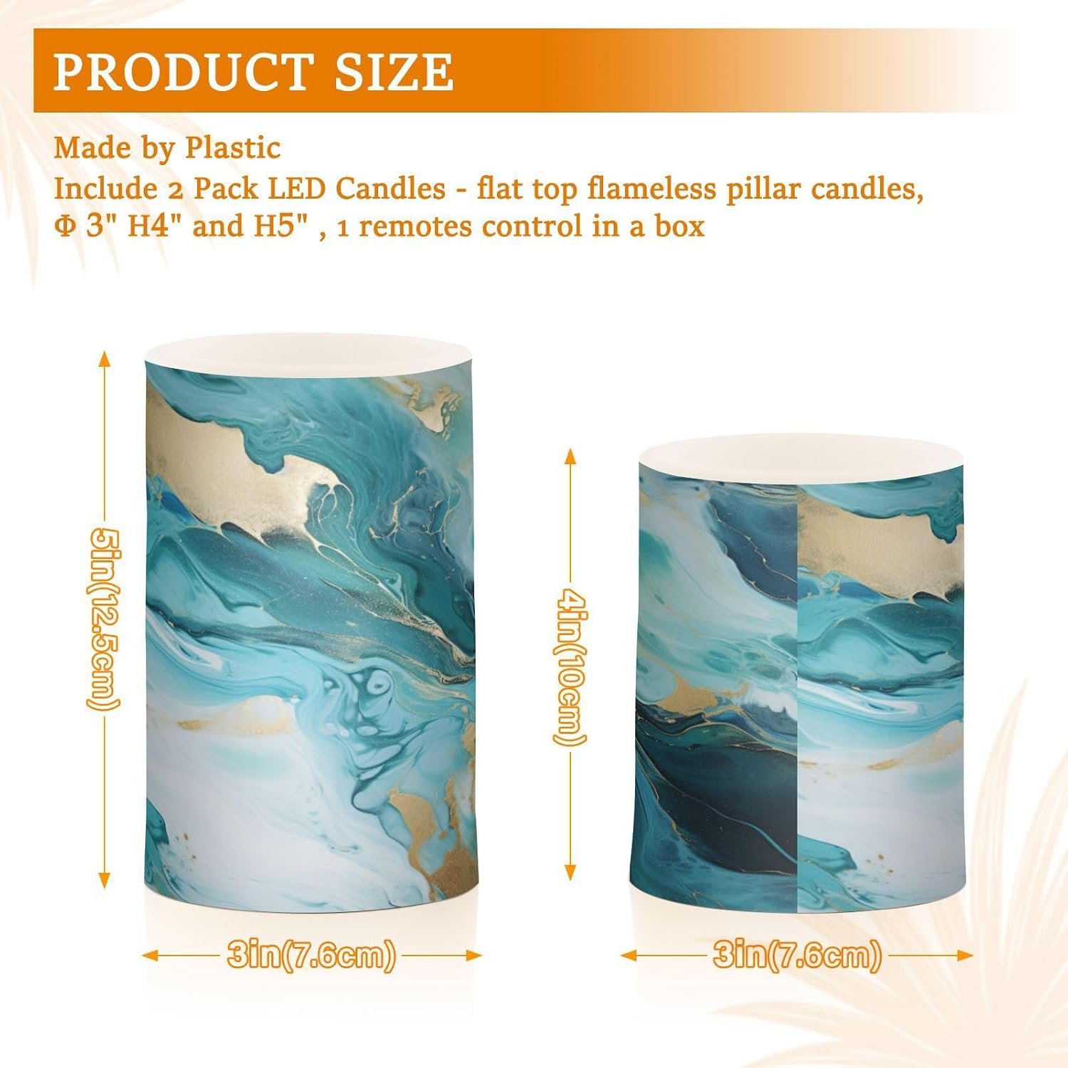 Flickering Flameless Candles, Turquoise Blue Marble Texture LED Candles with Remote Timer, Set of 2 Battery Operated