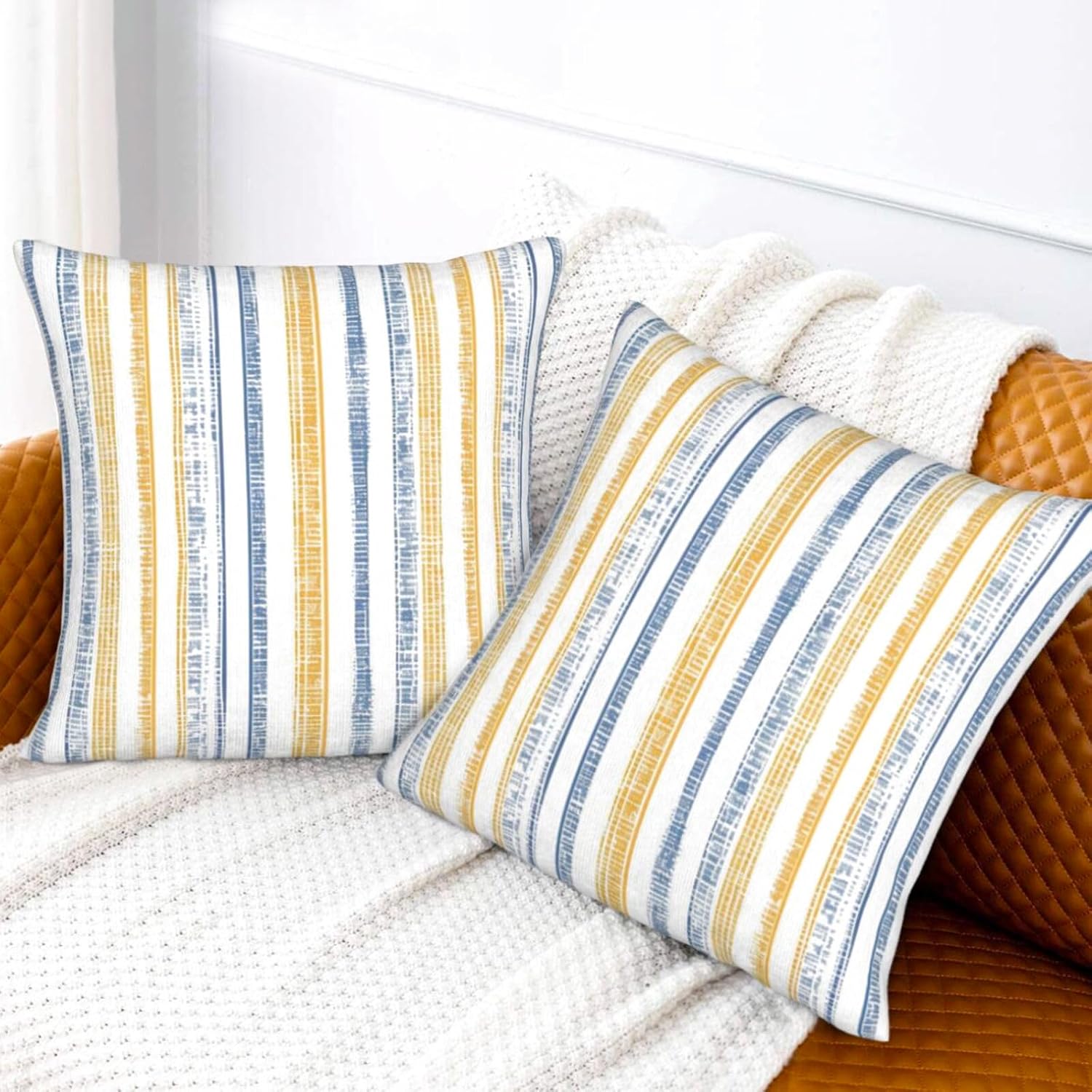 Boho Striped Throw Pillow Covers / 18 x 18 / Blue Yellow / Set of 18