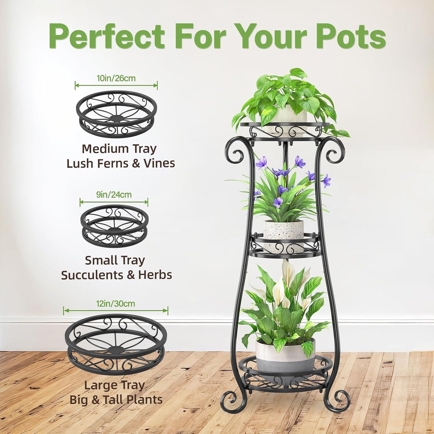 iDavosic.ly 3 Tier Tall Metal Plant Stand Outdoor Indoor, 34 Inch, Black | Corner Flower Pot Holder Shelf, Wrought Iron