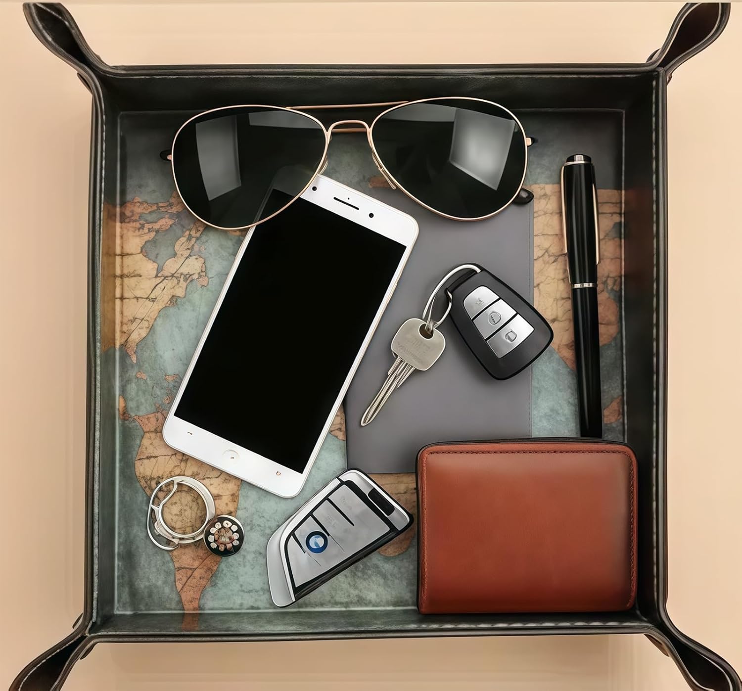Vegan Leather Catchall Bedside Vanity Tray Nightstand Caddy Holder for Remote / Map Design