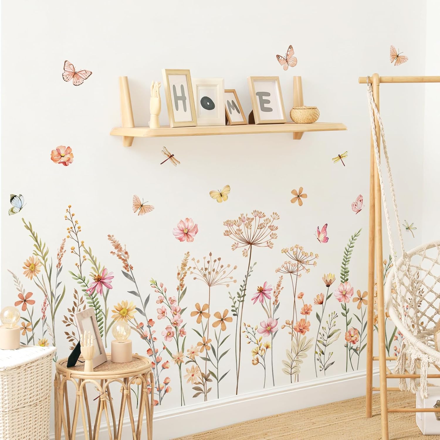 Boho Flower Wall Decals Bohemian Wildflower Grass Wall Stickers Peel and Stick Vinyl Decor for Girls