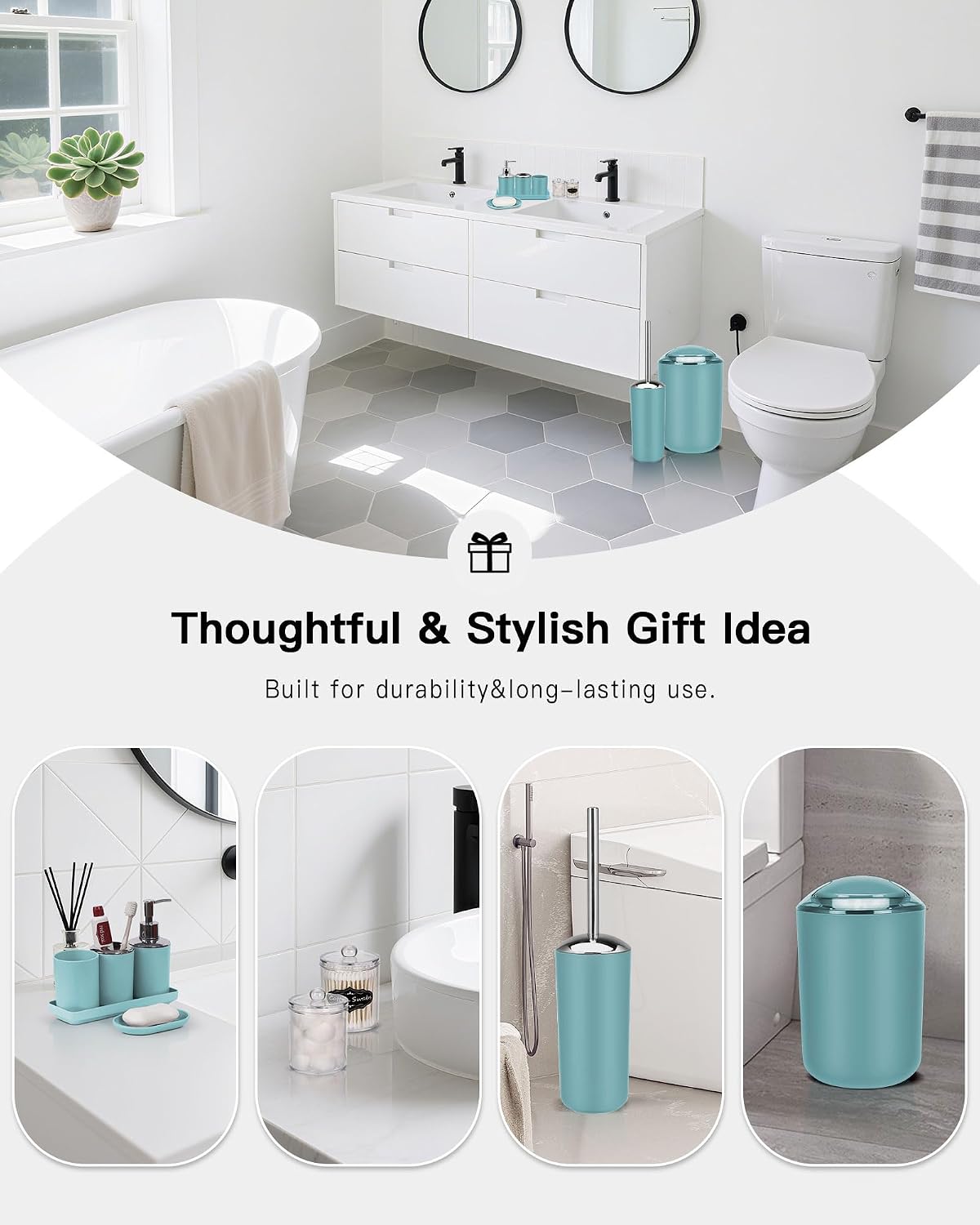 IMAVO Bathroom Accessories Set,Blue Bathroom Set,9 Pieces Bathroom Accessory Set,Tray,Qtip Holders,Toilet Brush,Trash