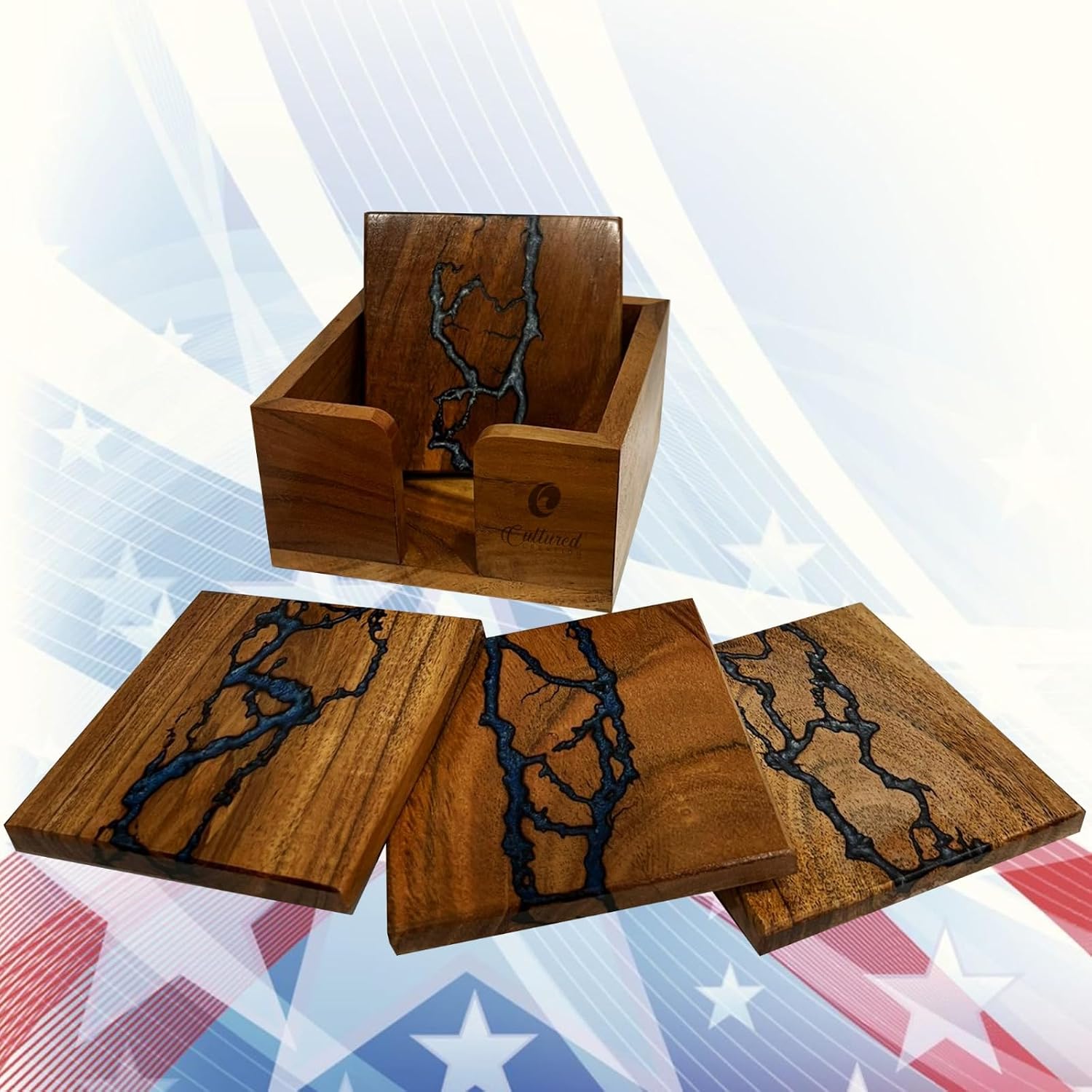 Epoxy Resin and Wood Coaster Set / Fractal Burning Blue
