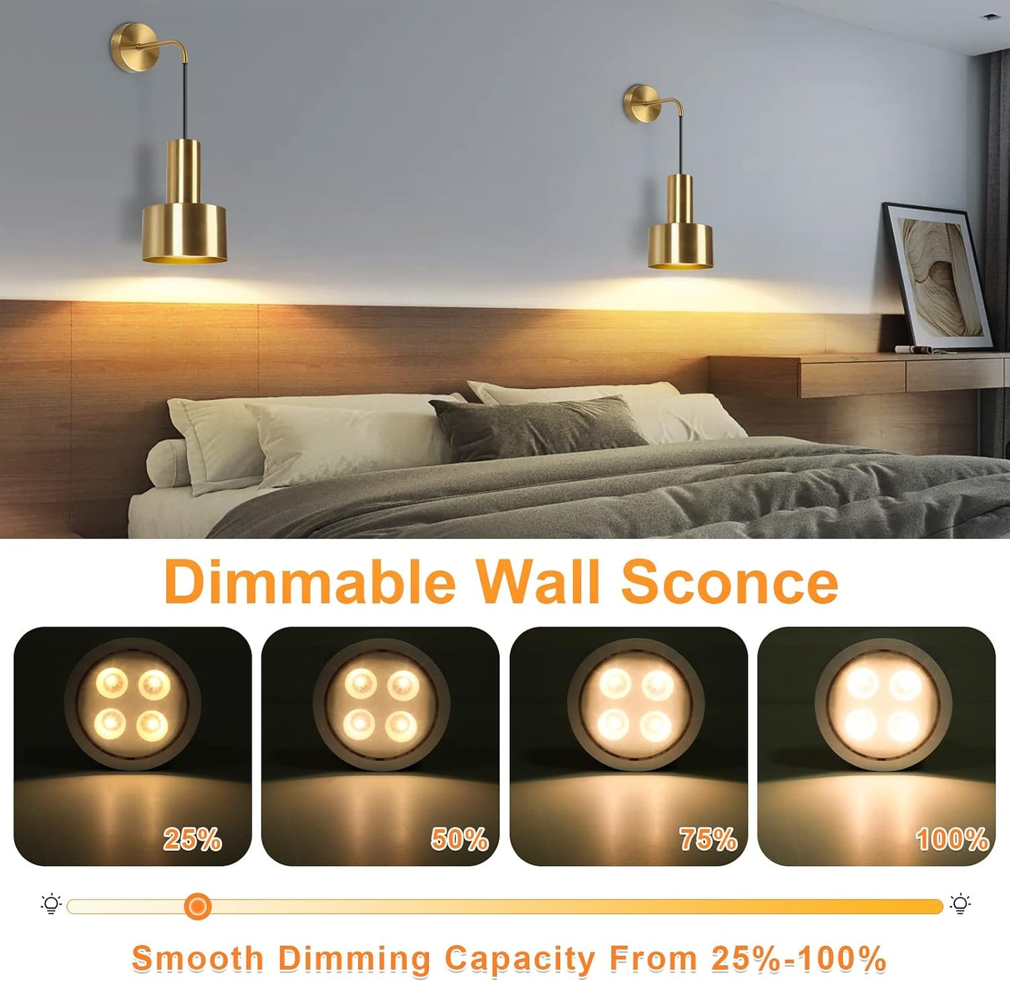 Gold Wireless Battery Operated Wall Sconces Set of 2 with Remote Control | Dimmable Wall Lamp with 3000K-6000K