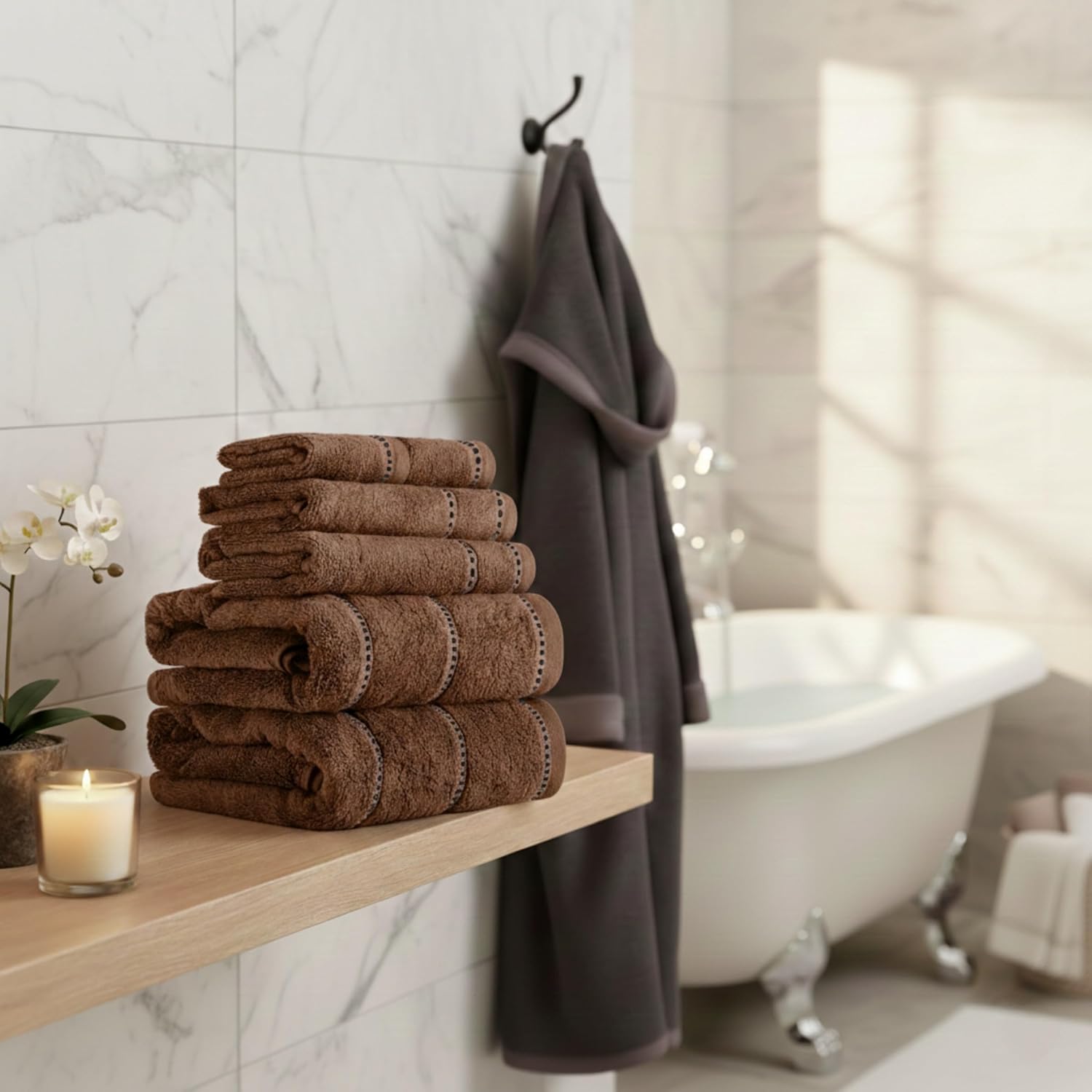 Lavish Home Bathroom Towels Set, Chocolate Brown, Set of 6