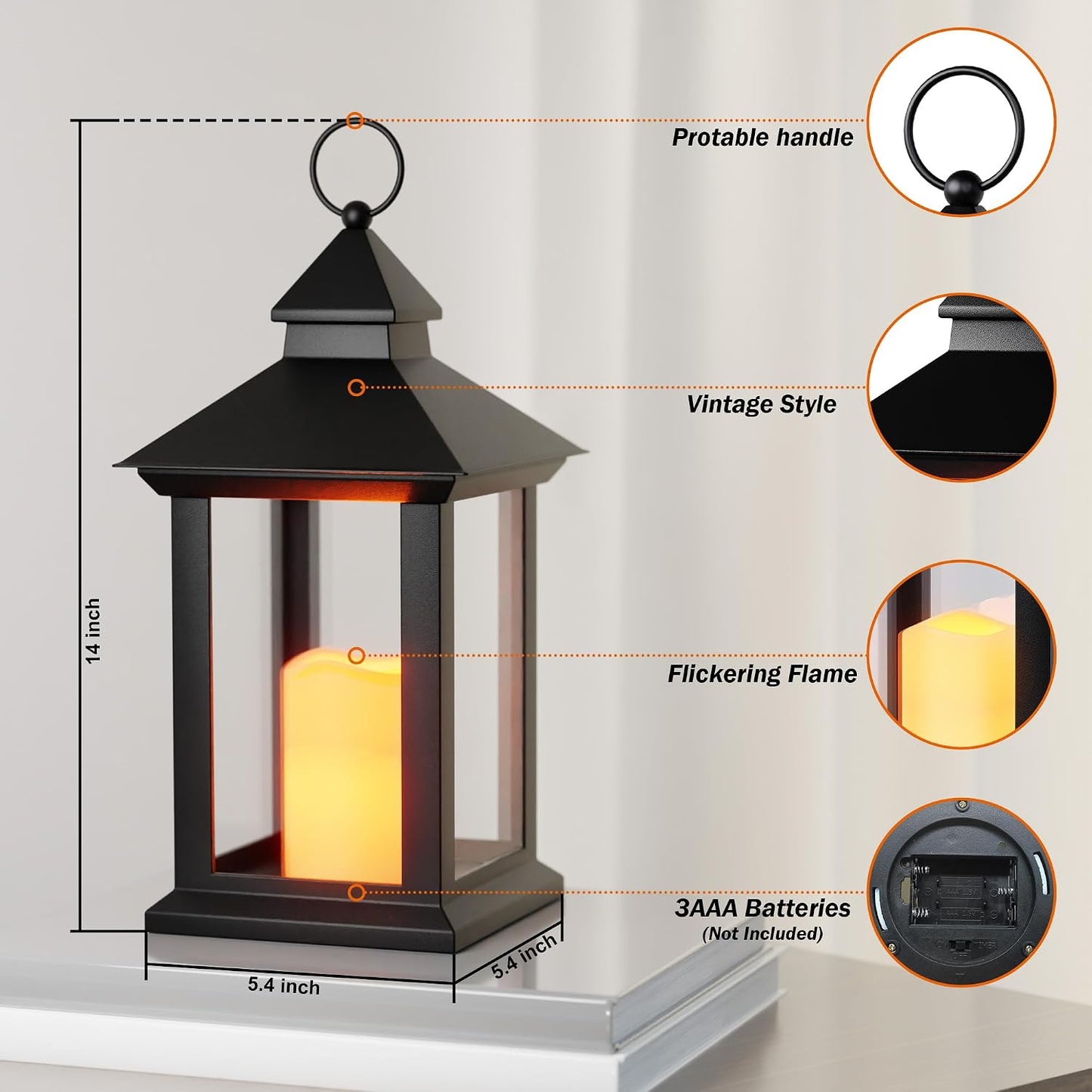 14" Lanterns Decorative Indoor/Outdoor, 2 Pack Black Lantern Decor with Timer Candle, Waterproof Battery Operated