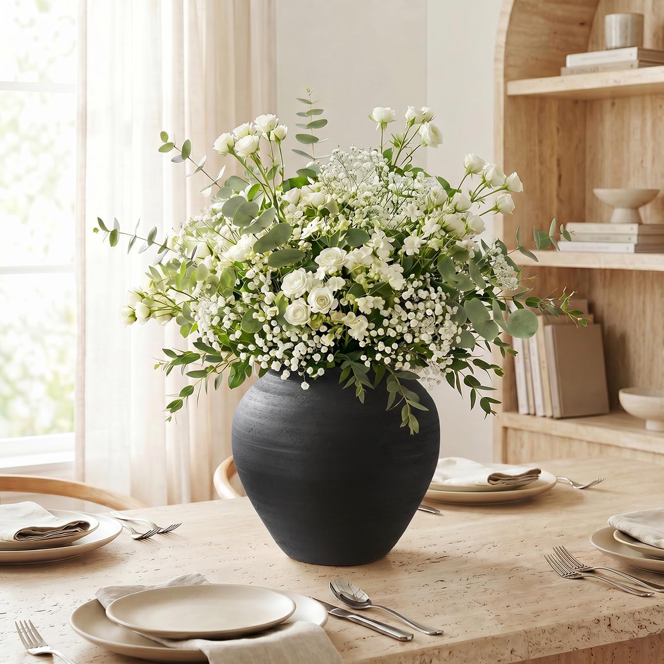 Ceramic Vase / 6.7" Wabi-Sabi Ribbed Flower Vase / Matte Charcoal / Matte Black