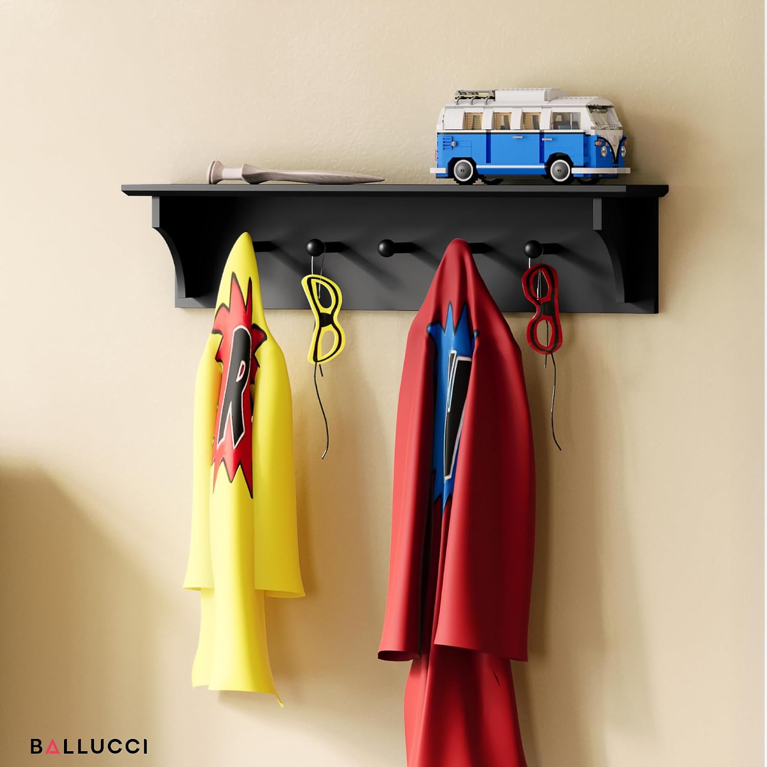 Ballucci Floating Coat and Hat Wall Shelf Rack, 5 Pegs Hook, 24", Black