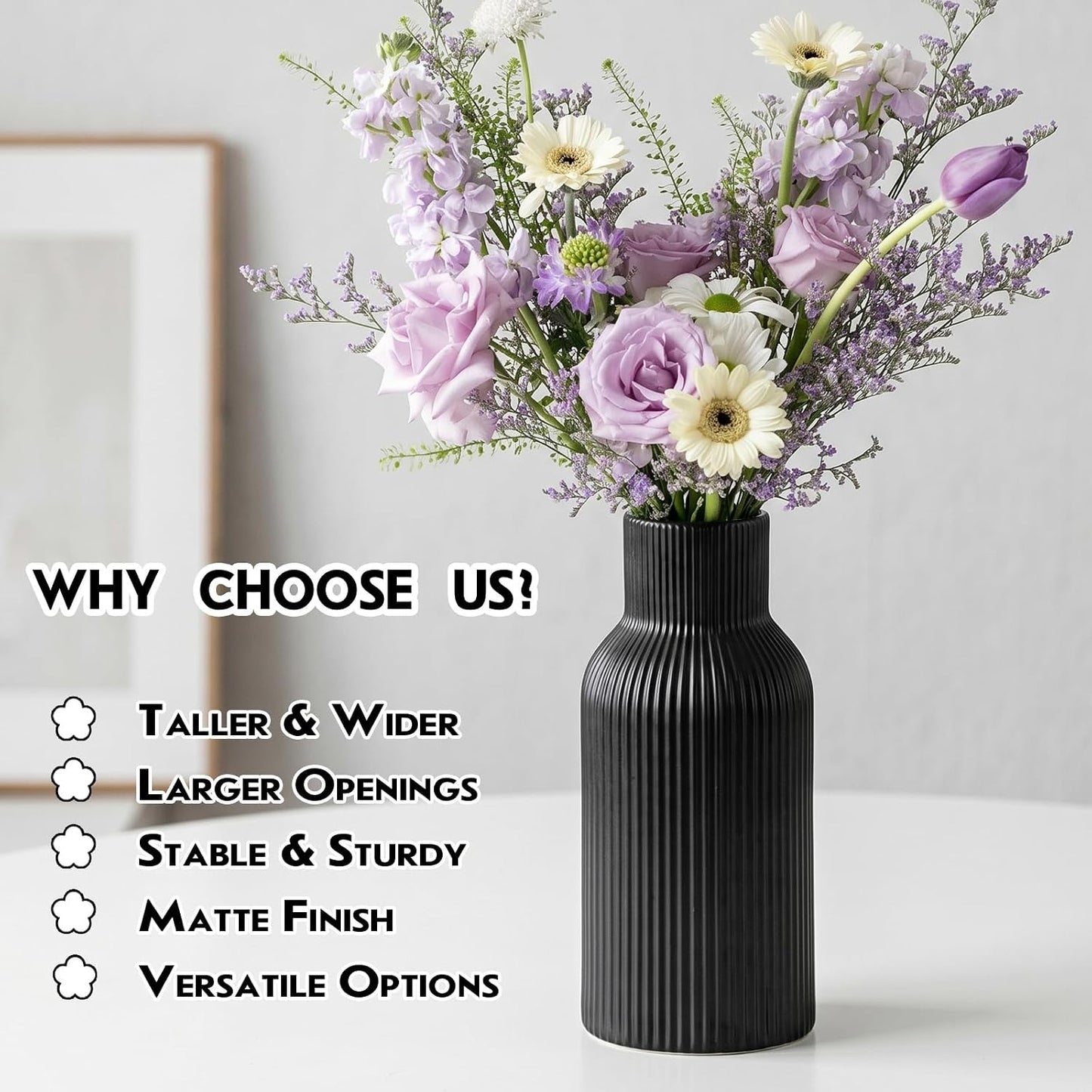 Black Ceramic Tall Vase / 1-piece-set / Medium Black