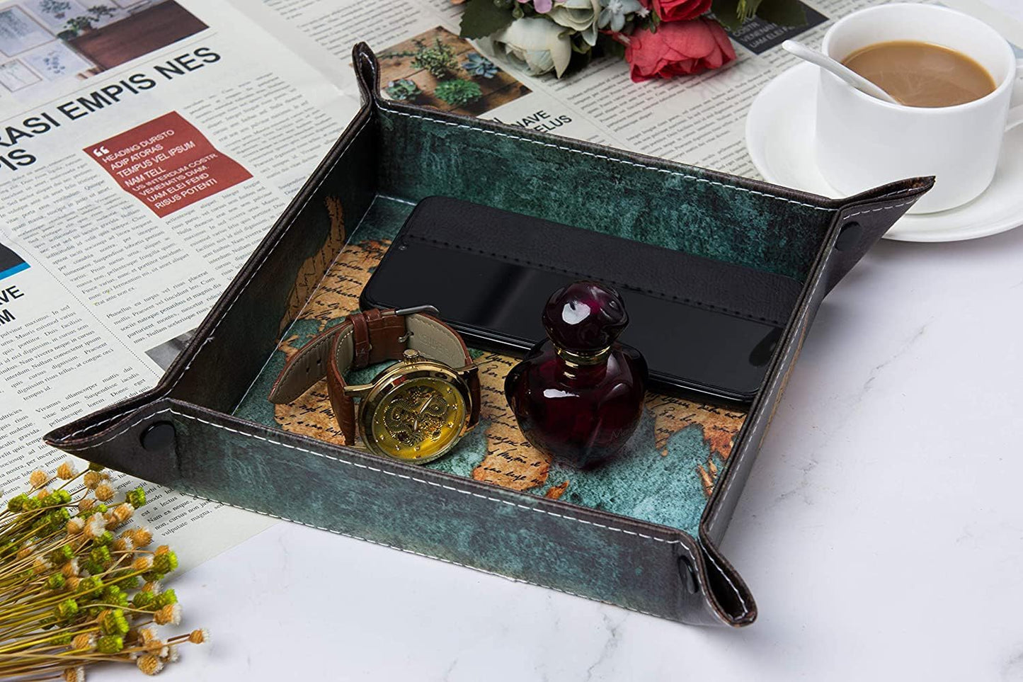 Vegan Leather Catchall Bedside Vanity Tray Nightstand Caddy Holder for Remote / Map Design