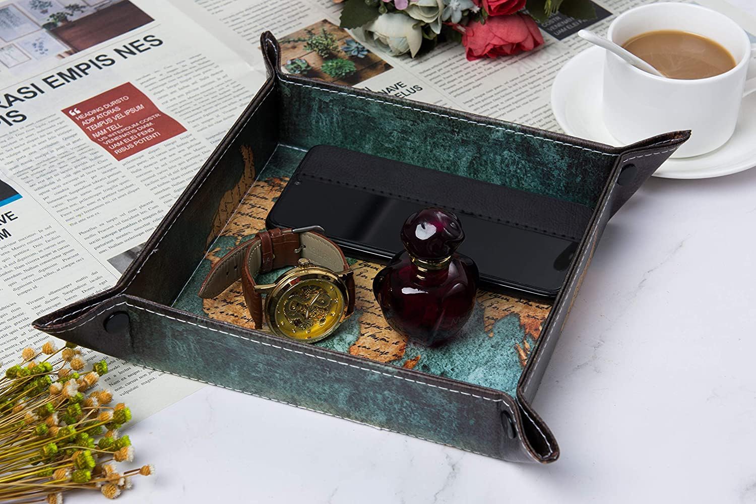 Vegan Leather Catchall Bedside Vanity Tray Nightstand Caddy Holder for Remote / Map Design
