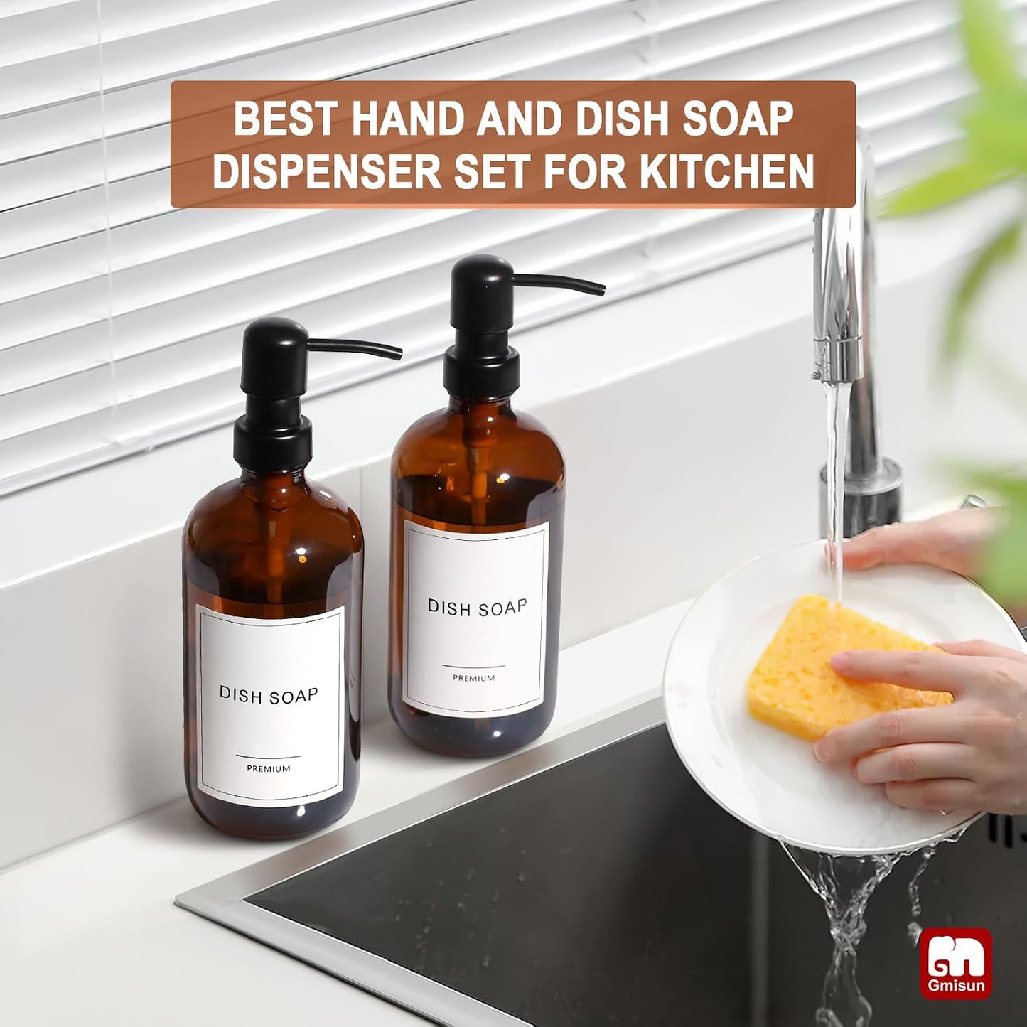 GMISUN Amber Glass Soap Dispenser, 4 Pack Bathroom Hand Soap Dispensers with Stainless Steel Pump, 17 Fl Oz Kitchen