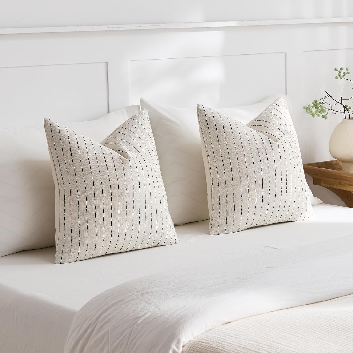 Linen Striped Throw Pillow Covers Neutral Couch Pillow Cases Farmhouse / Black / 18 x 18 / Set of 2
